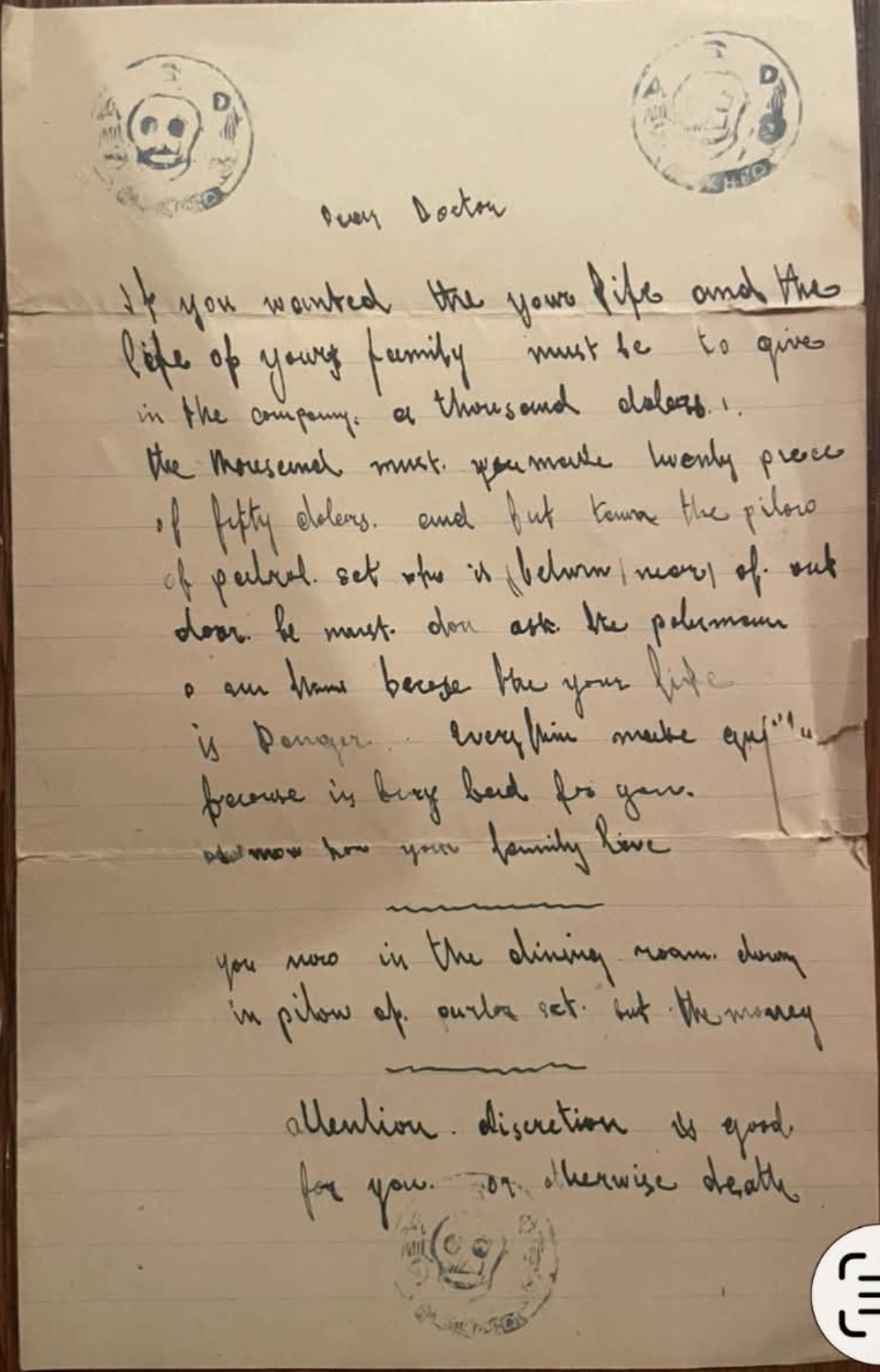 Ransom note (1920s) — extortion attempt during the runaway-to-Greece preview