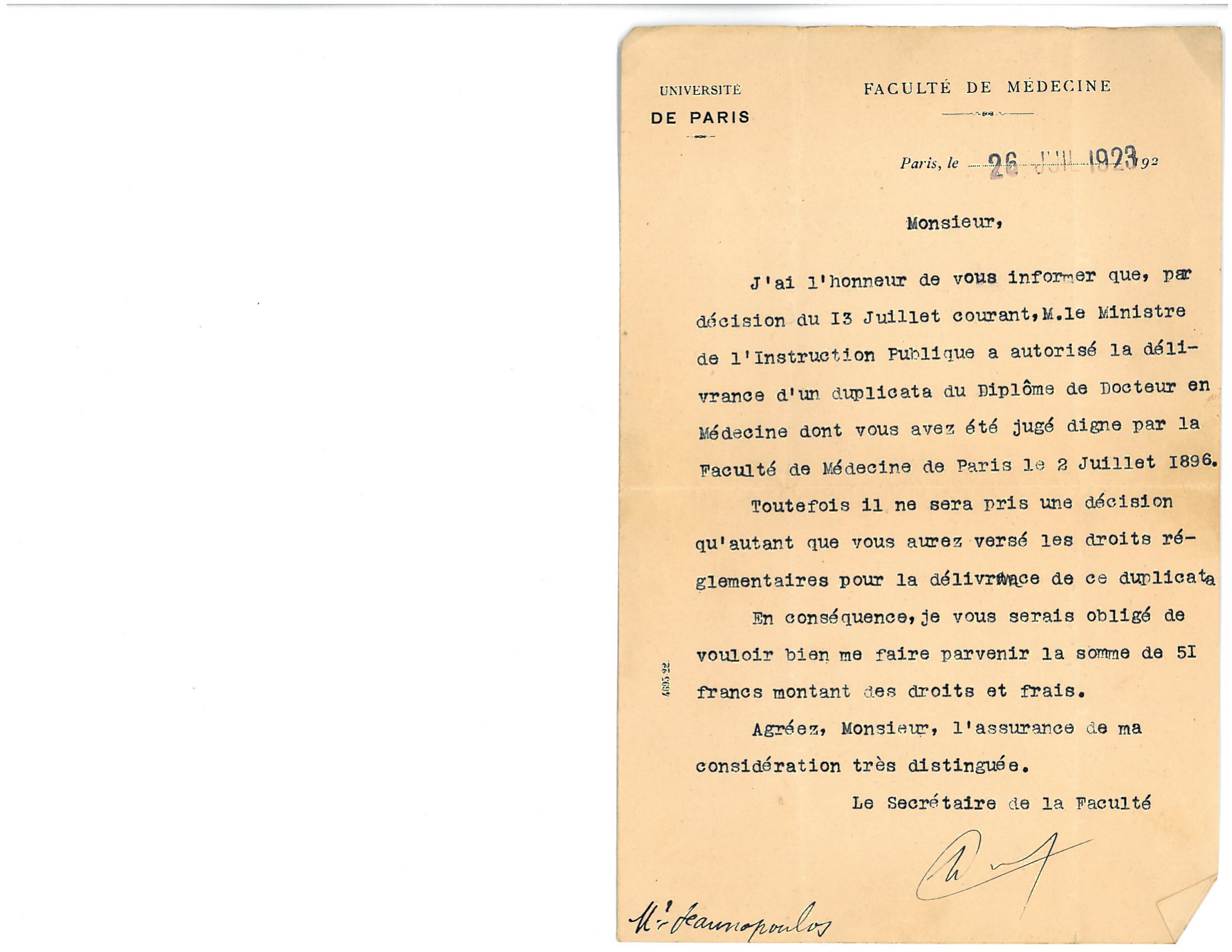 Université de Paris Faculté de Médecine — Lazaros's MD diploma duplicate authorization (1923) preview