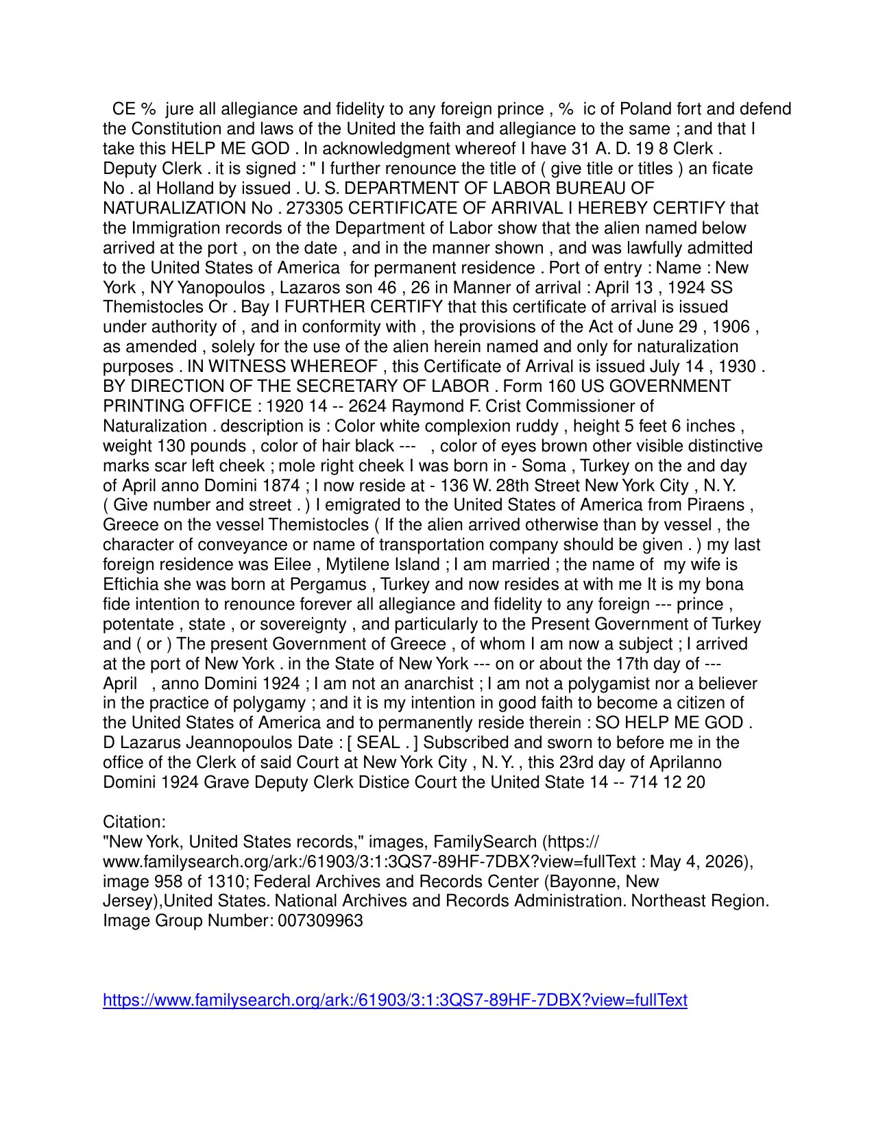 Lazaros Jeannopoulos — Declaration of Intention (Naturalization) — page 2 of 2