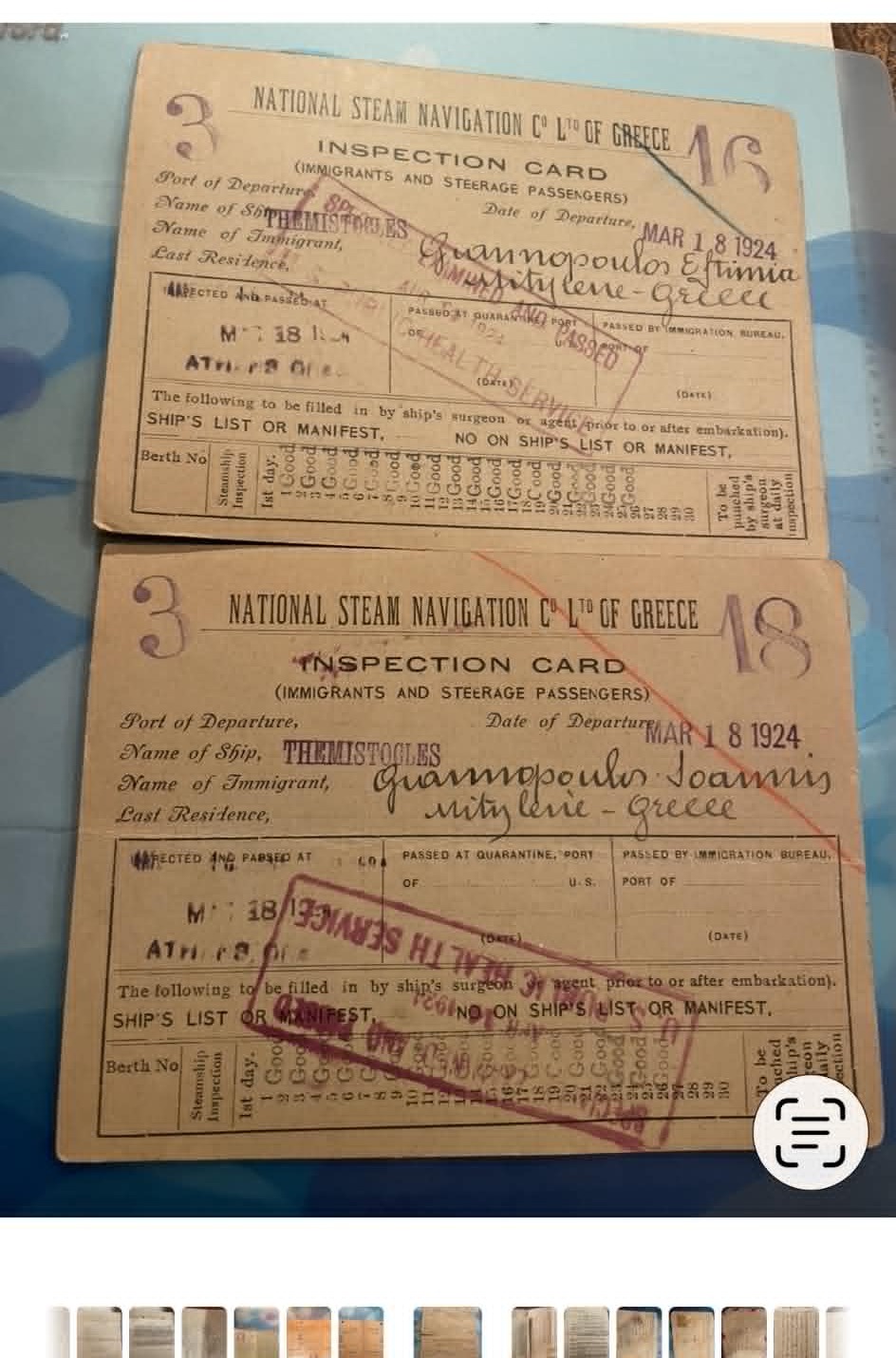 Jeannopoulos family — SS Themistocles Inspection Cards (Eftimia + Ioannis) preview