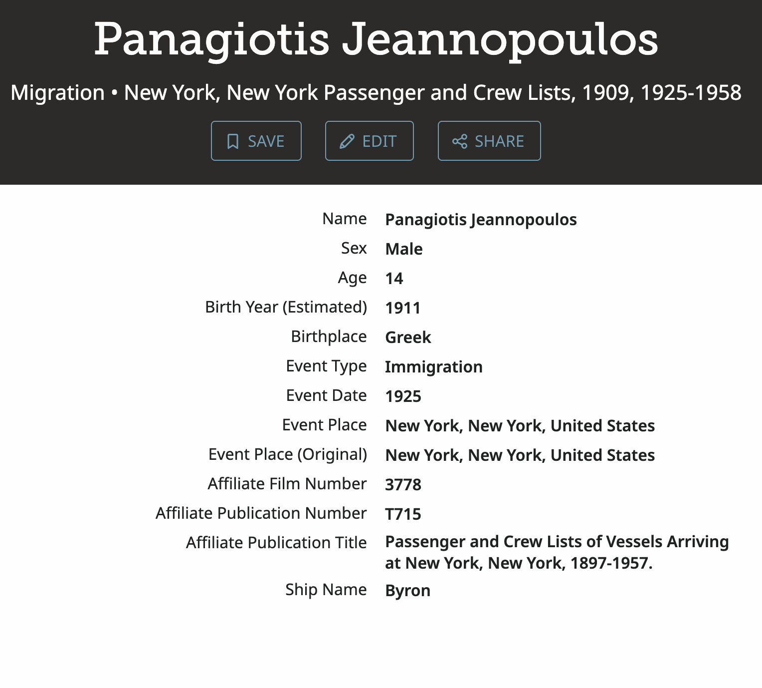 Panagiotis Jeannopoulos — SS Byron Arrival 1925 (FamilySearch Summary) preview