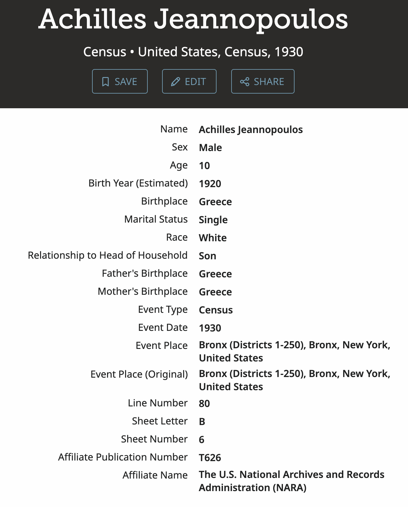 Achilles Jeannopoulos — 1930 Census (Bronx, FamilySearch Summary) preview
