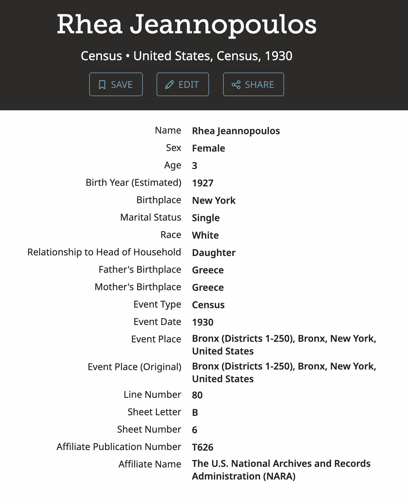 Rhea Jeannopoulos — 1930 Census (Bronx, FamilySearch Summary) preview