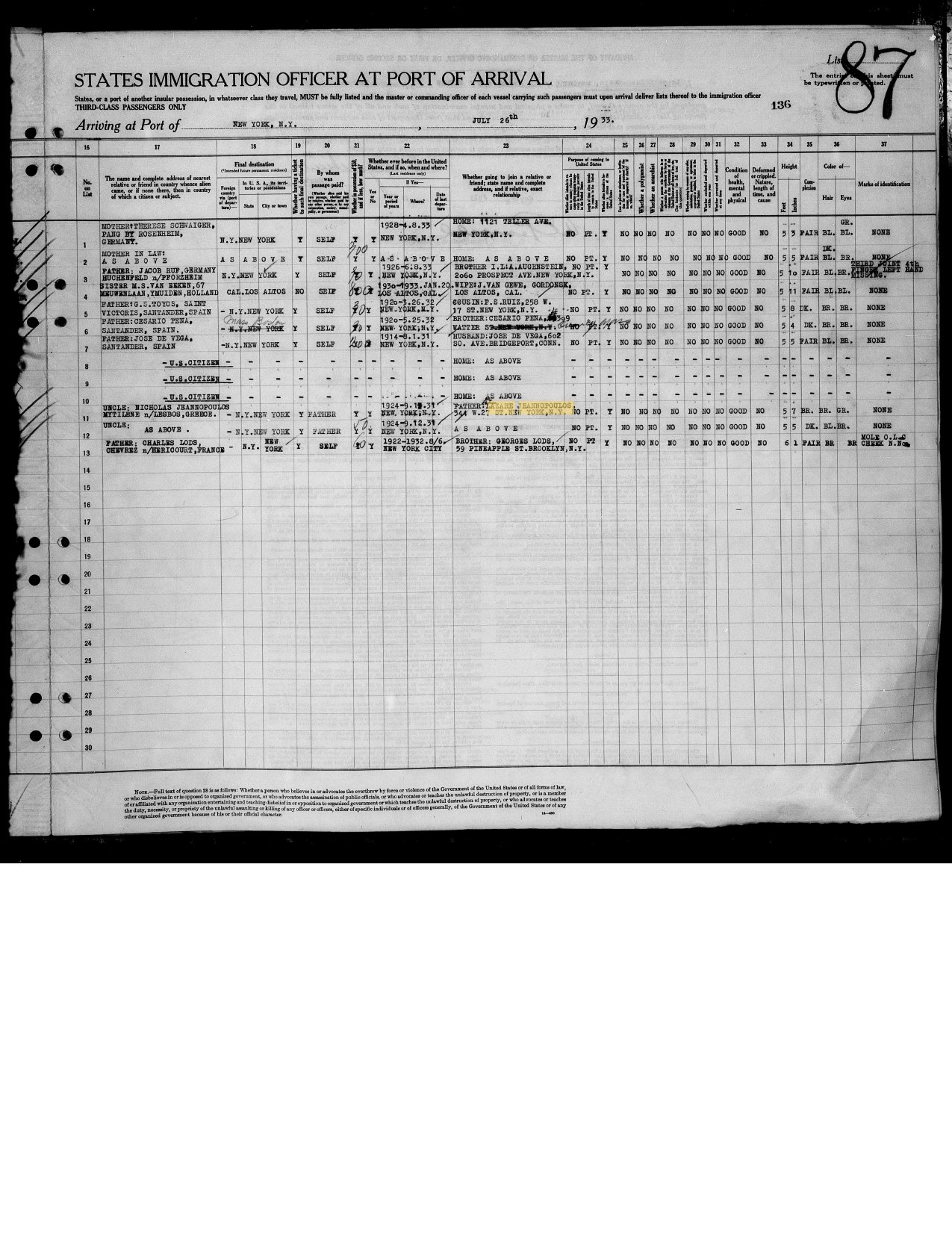 Takis Jeannopoulos — SS Bremen Third-Class Arrival Manifest preview