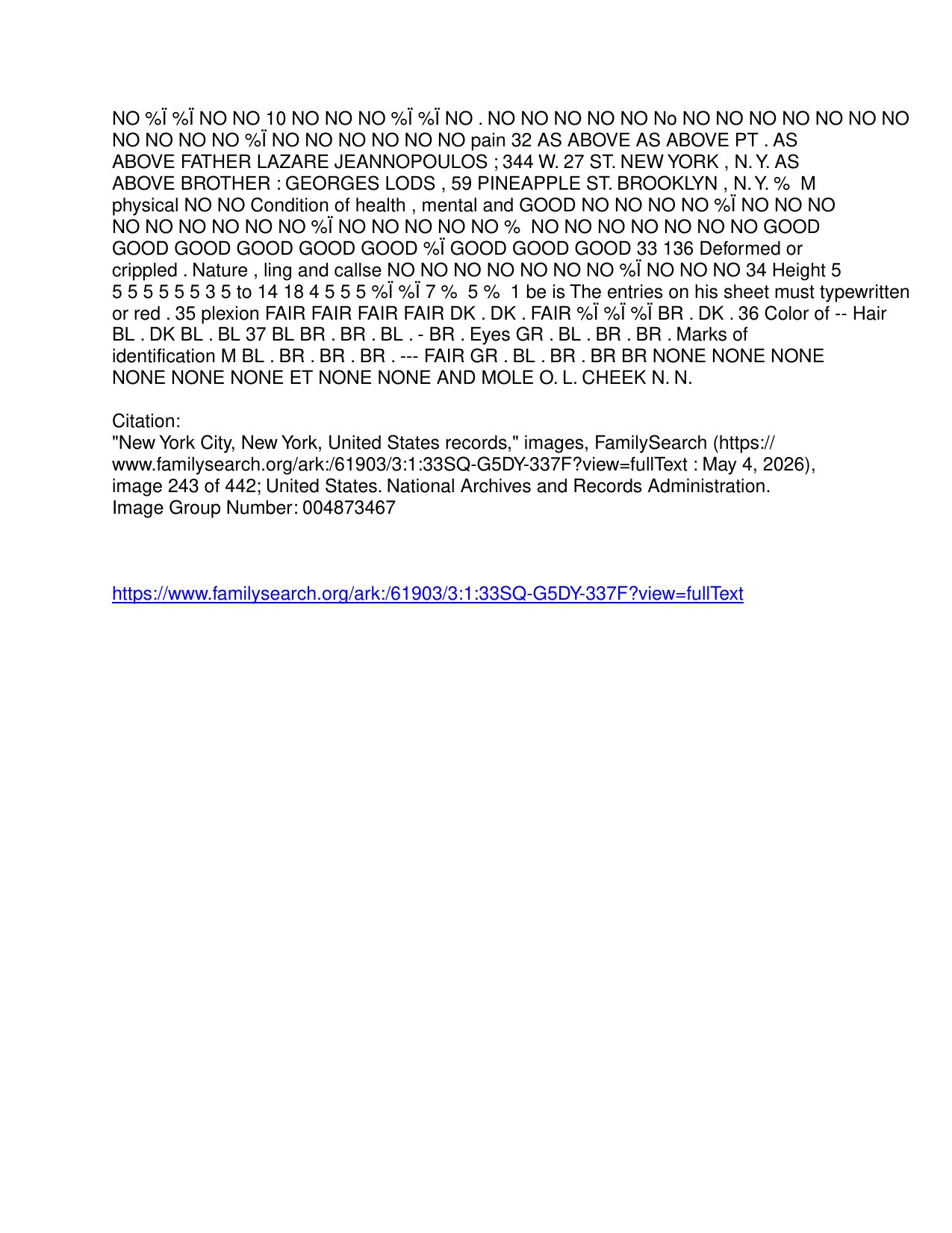 Takis Jeannopoulos — SS Bremen Third-Class Arrival Manifest — page 3 of 3