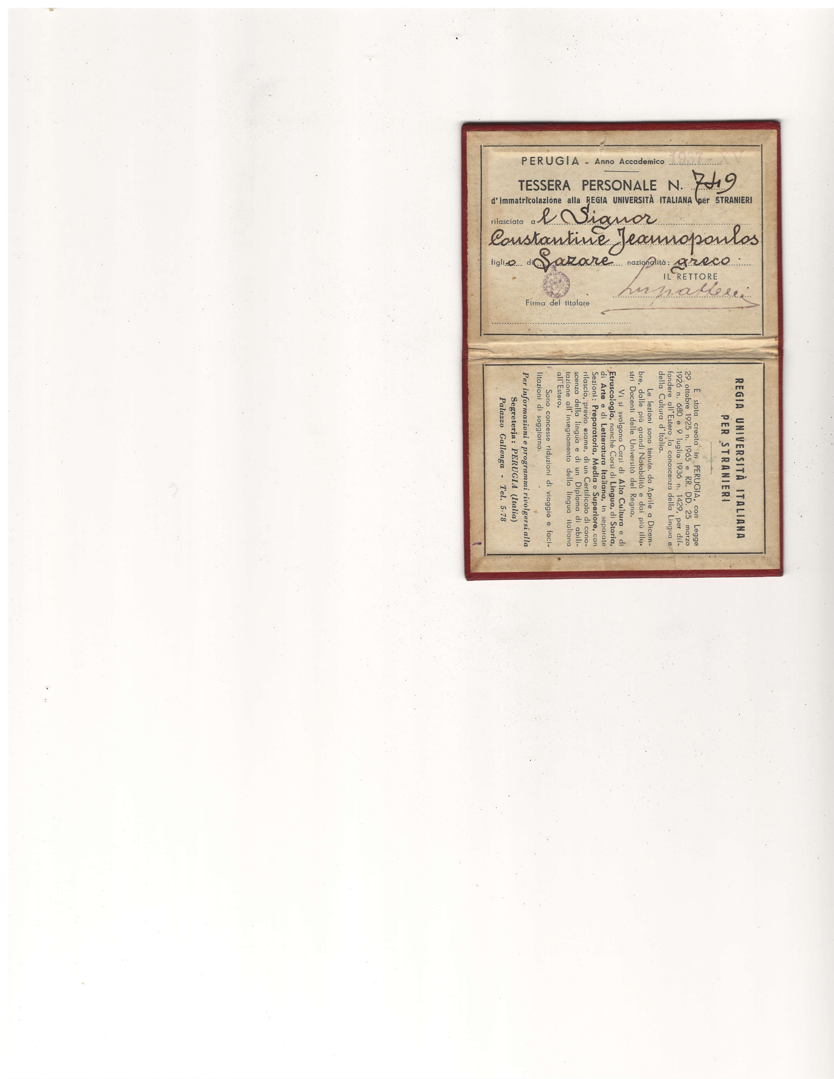 Constantine's Perugia foreigners' enrollment card — nazionalità greco (Tessera Personale No. 749, 1937) preview
