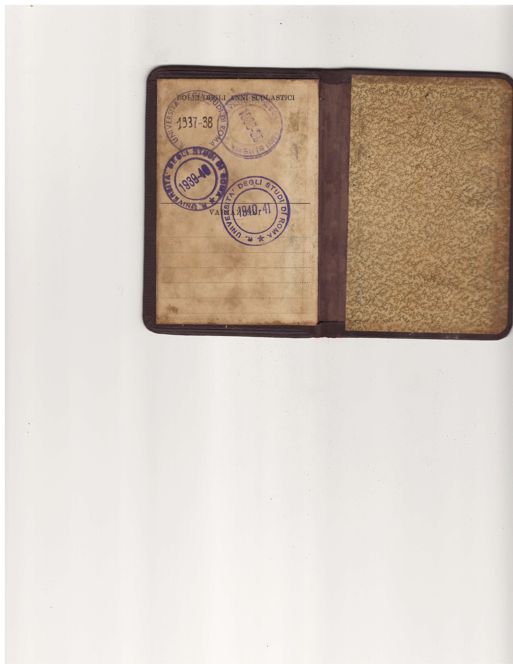 Constantine's Università di Roma student ID — back side annual enrollment stamps (1937-1941) preview