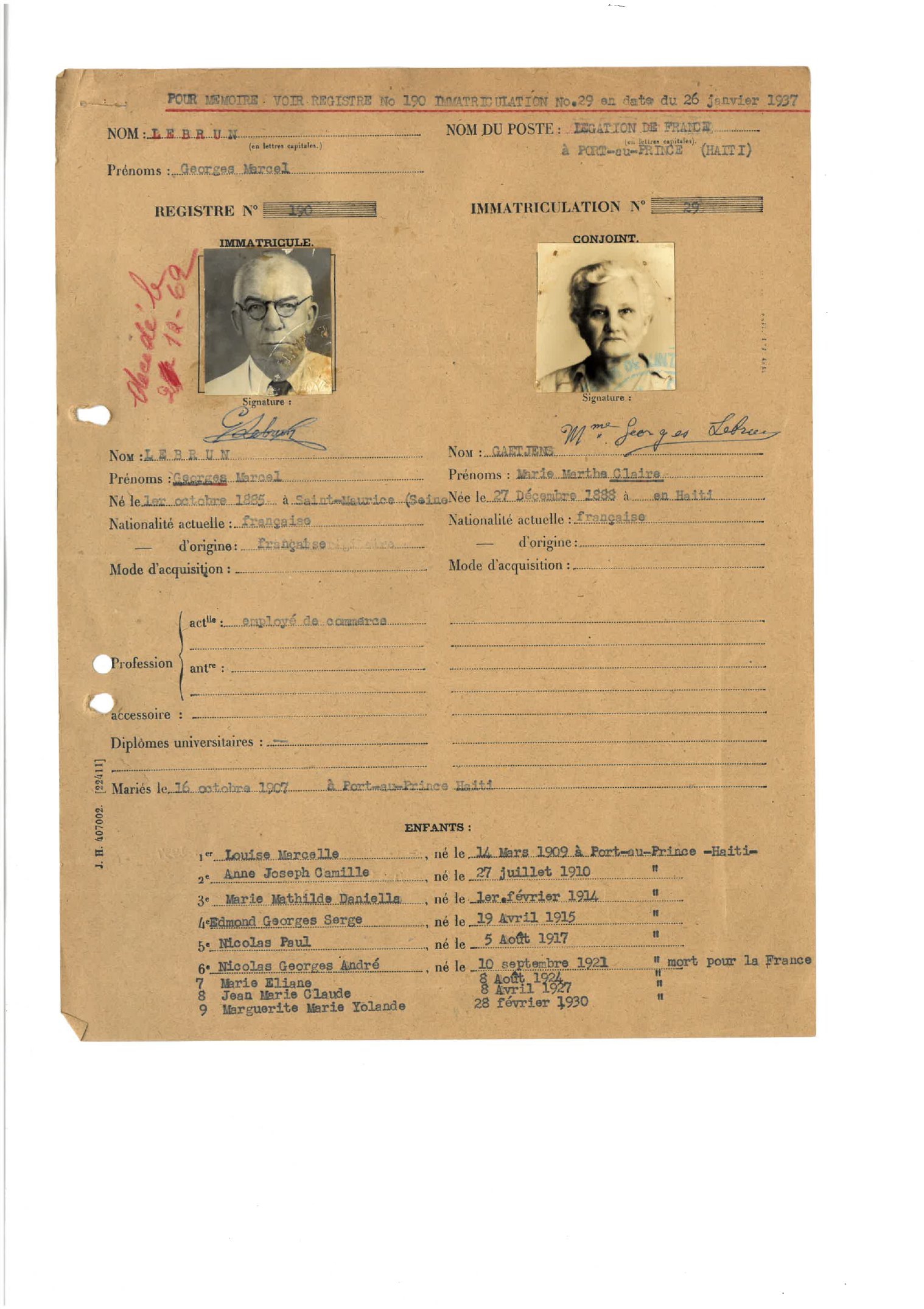 Georges & Claire Lebrun — French consular registration (1937) preview