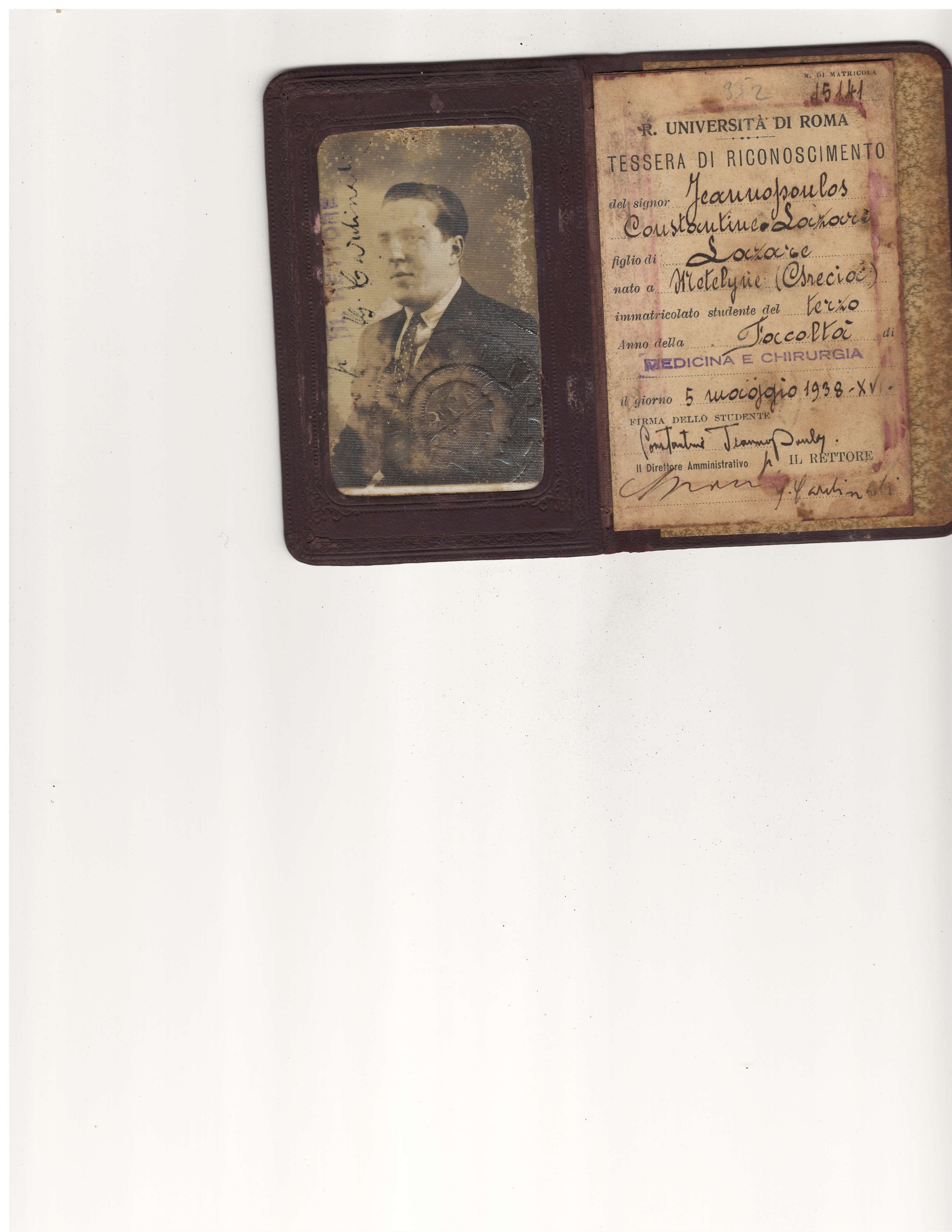 Constantine's Università di Roma medical student ID — nato a Mitelyne, Grecia (May 5, 1938) preview