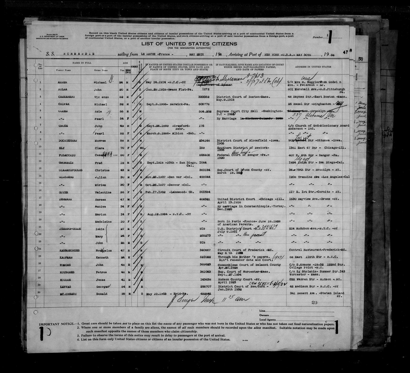 Mary Jeannopoulos — SS Normandie Arrival Manifest preview
