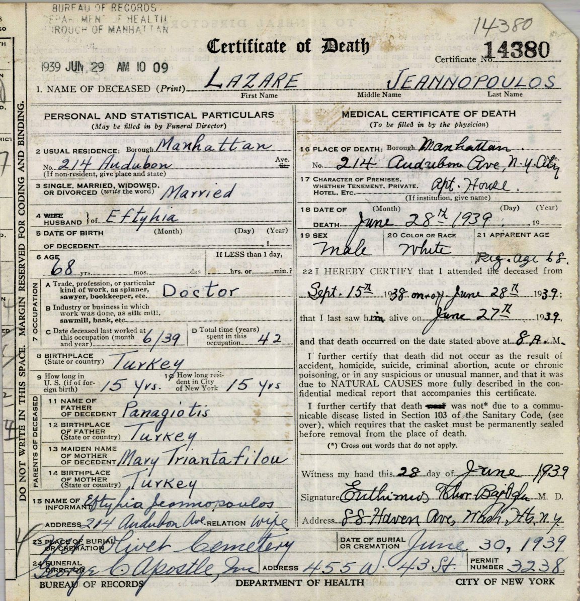 Lazaros Jeannopoulos — NYC Death Certificate No. 14380 preview