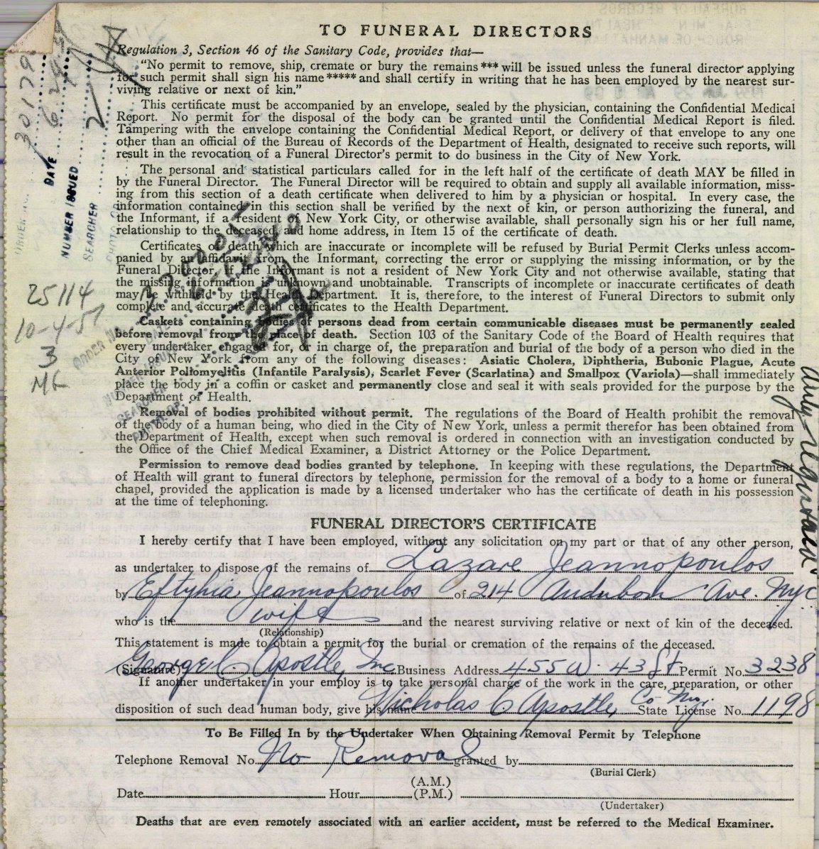 Lazaros Jeannopoulos — NYC Death Certificate No. 14380 — page 2 of 2