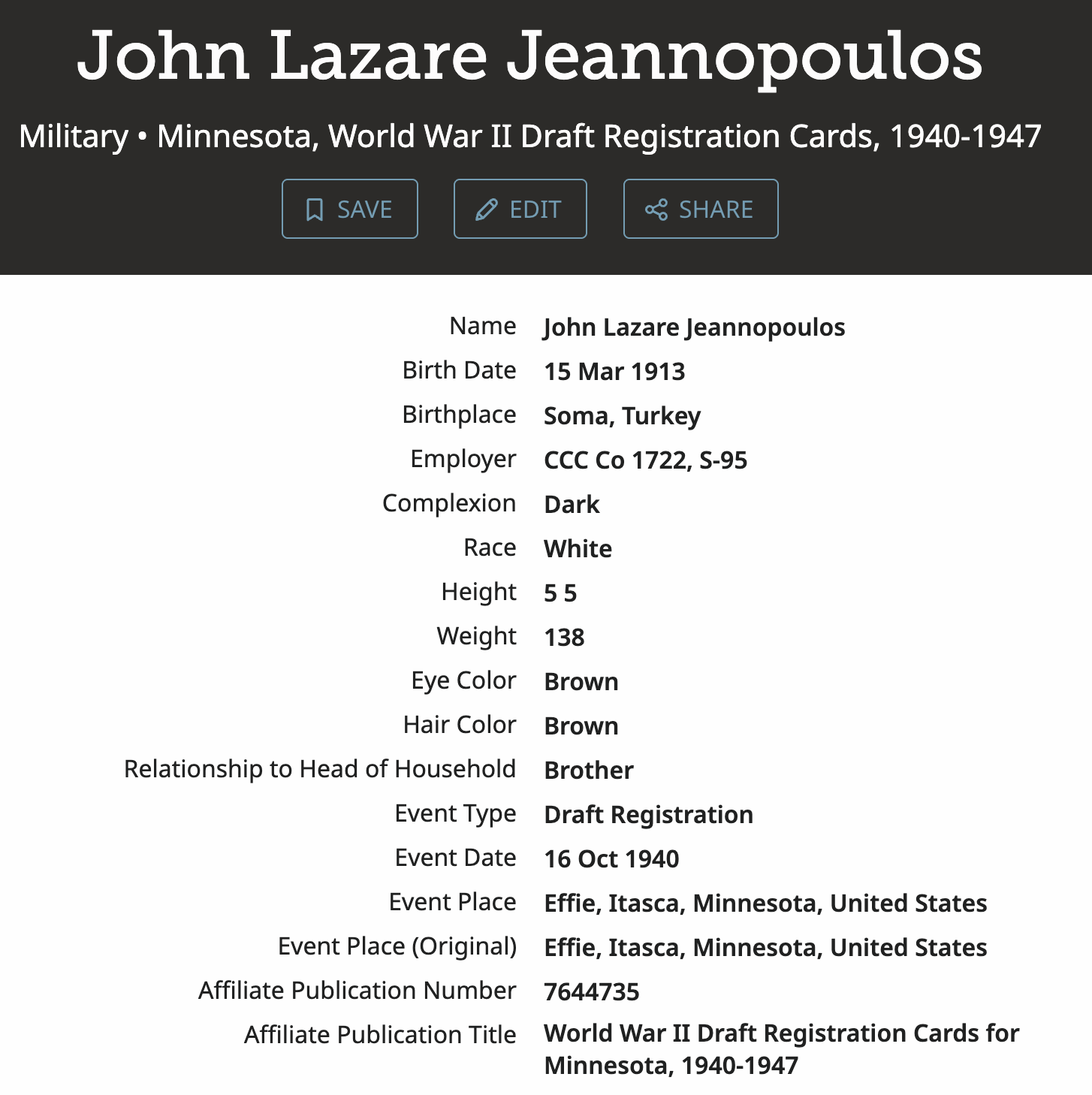 John Lazare Jeannopoulos — WWII Draft Registration (Minnesota, 1940) preview