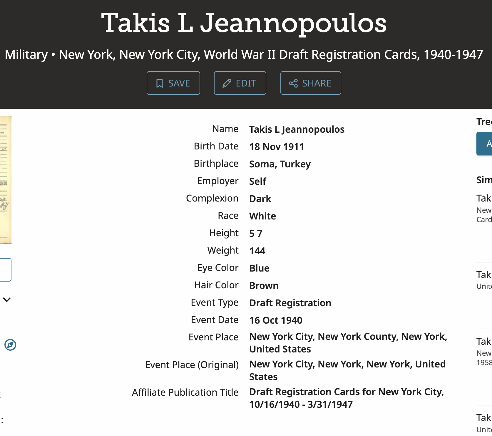Takis Jeannopoulos — WWII Draft Registration (NYC, 1940) preview