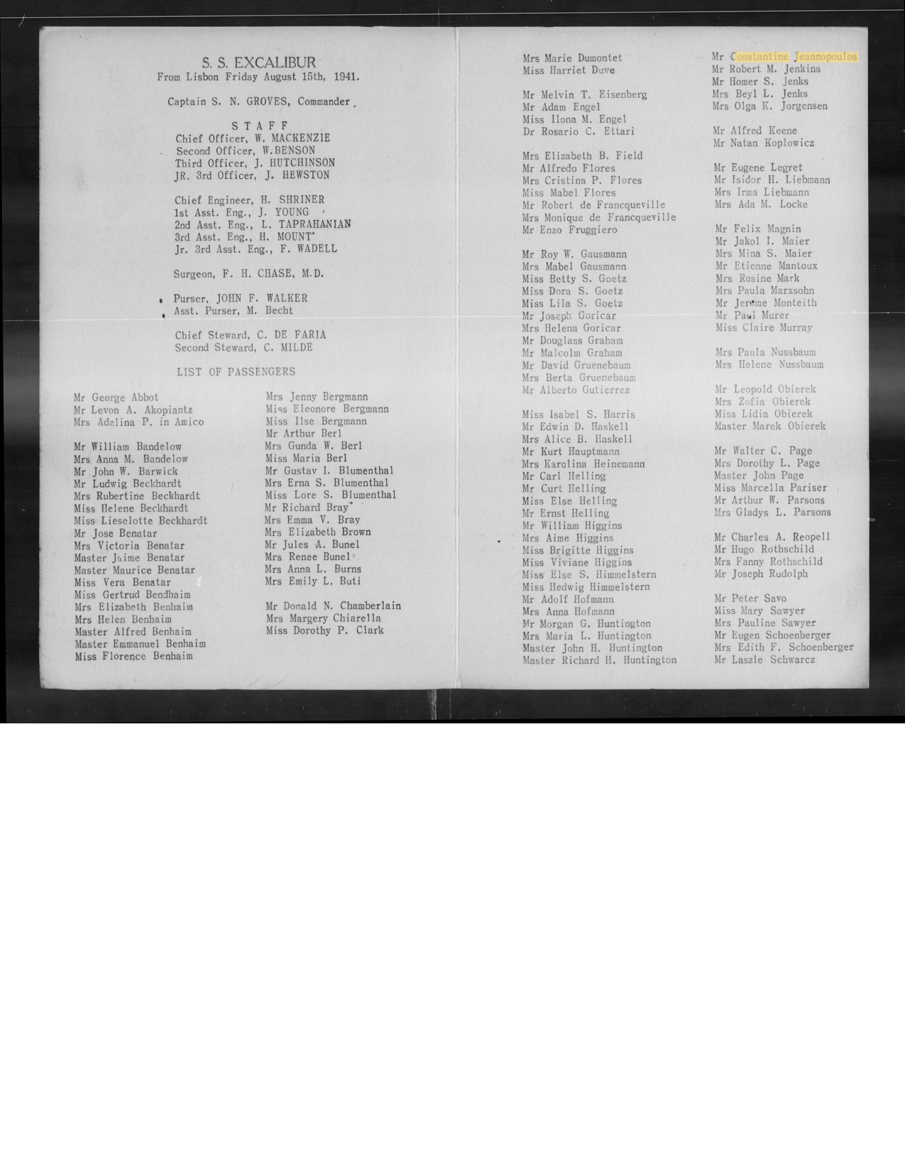 Constantine Jeannopoulos — SS Excalibur Passenger Souvenir List preview