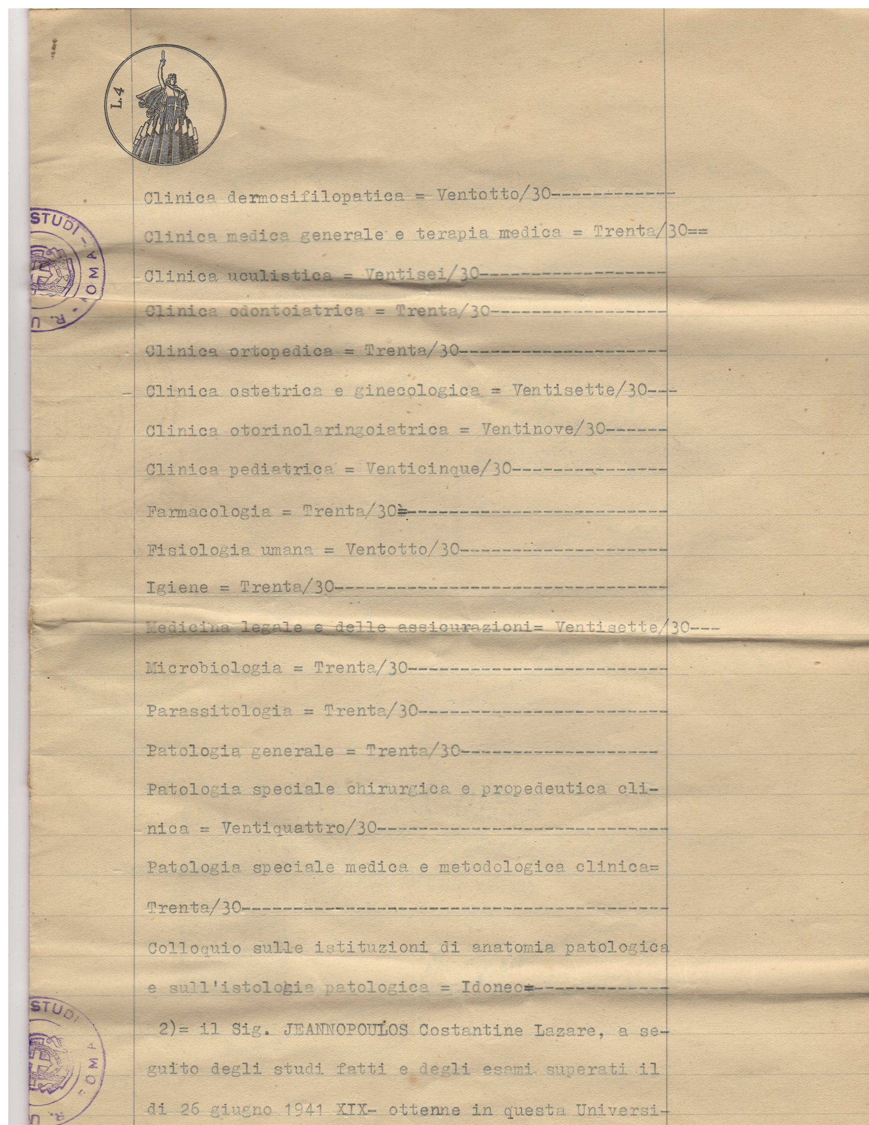 Constantine's full Università di Roma medical transcript — 1937-1941, every course and exam grade (issued July 9, 1941) — page 3 of 4