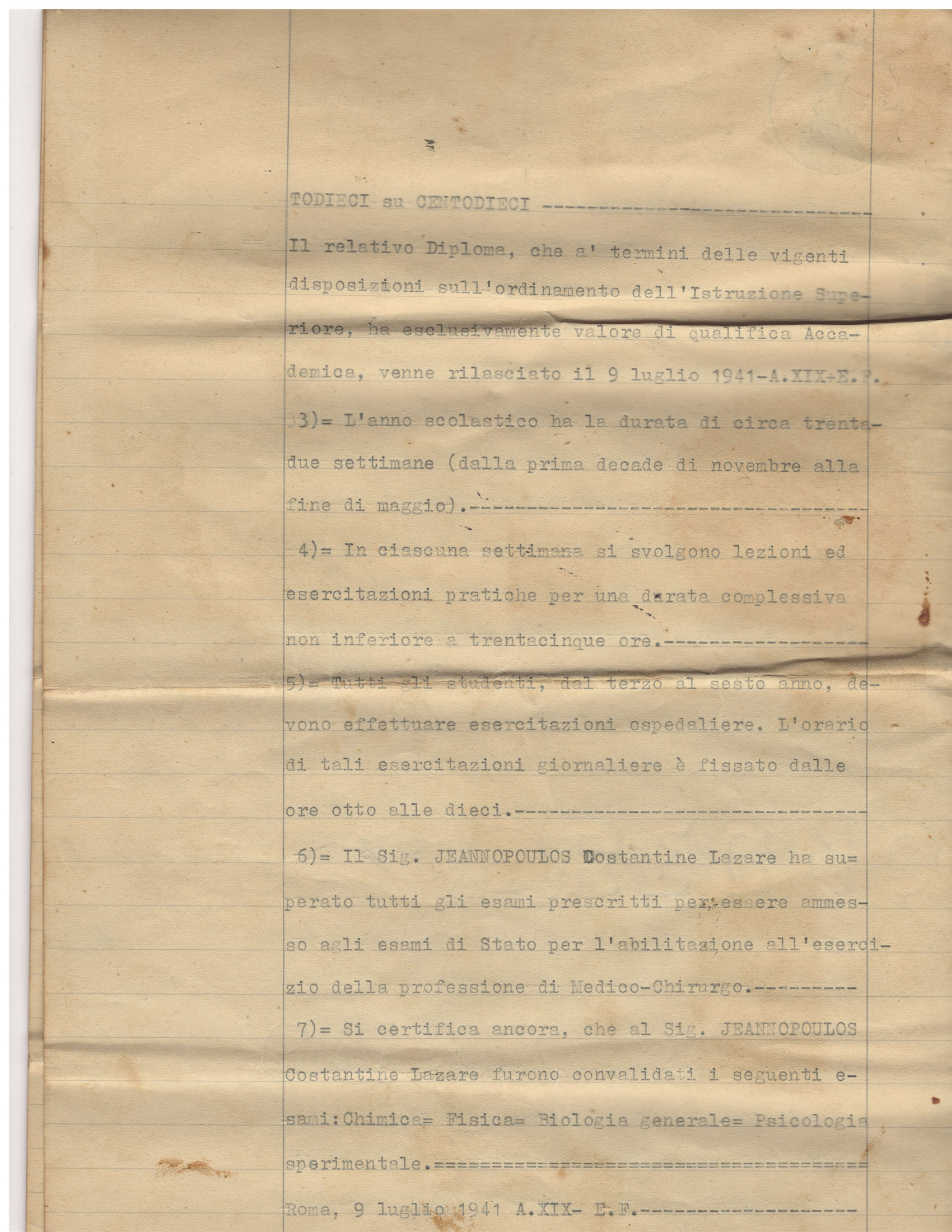 Constantine's full Università di Roma medical transcript — 1937-1941, every course and exam grade (issued July 9, 1941) — page 4 of 4