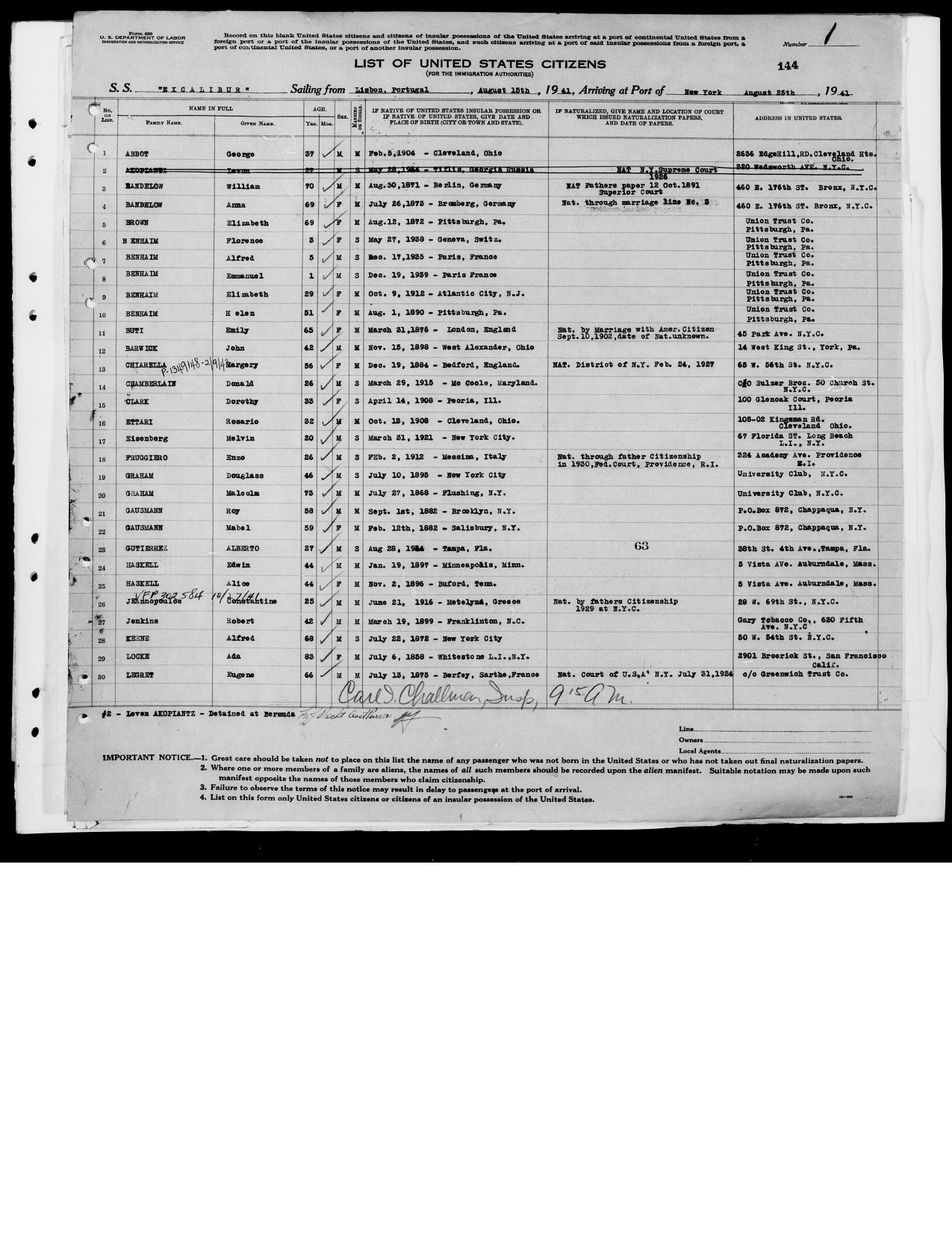 Constantine Jeannopoulos — SS Excalibur Arrival Manifest preview