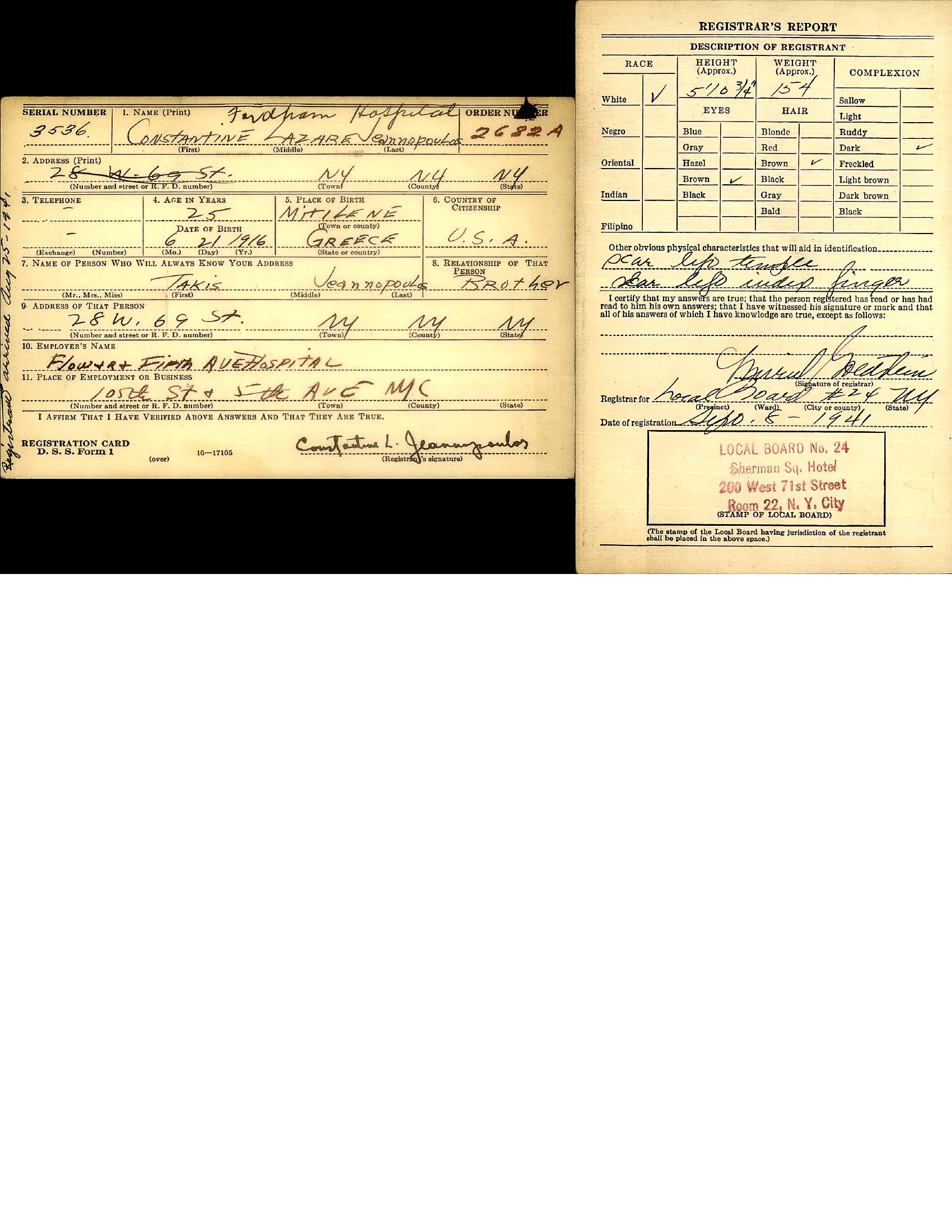 Constantine's WWII draft registration card — Local Board No. 24, NYC, 11 days after SS Excalibur arrival (September 5, 1941) preview