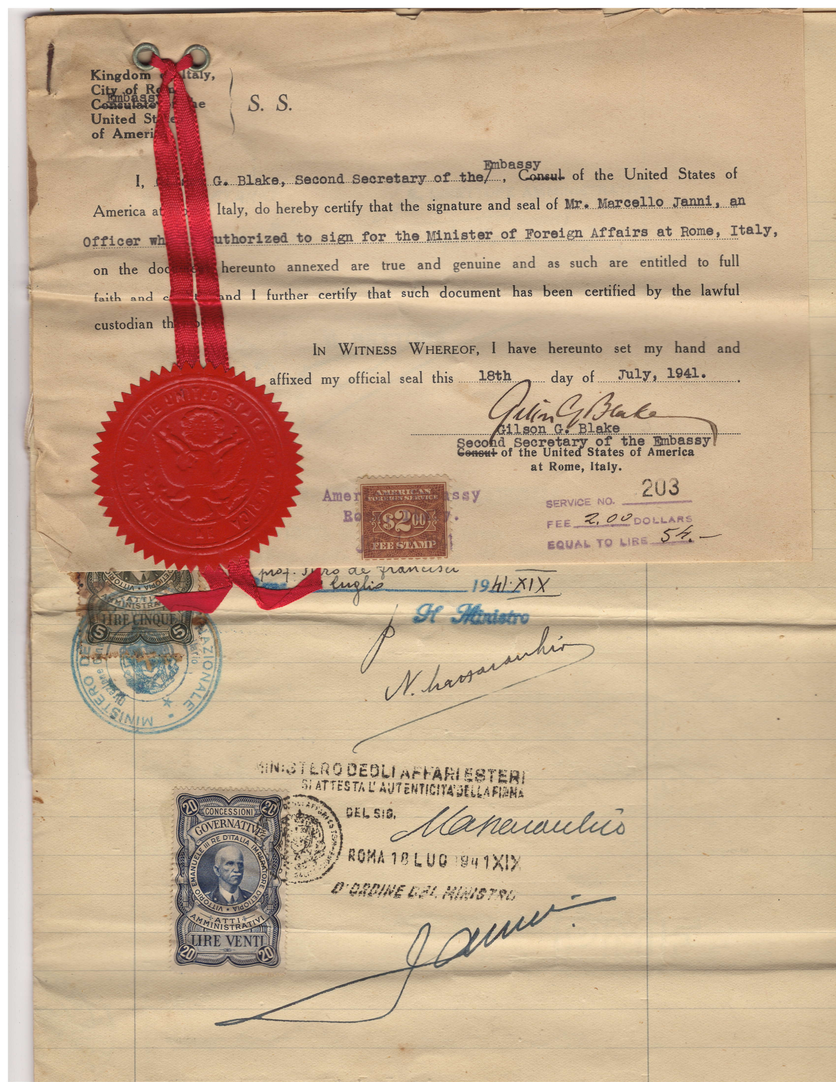 US Embassy Rome — Gilson G. Blake certification of Italian Foreign Ministry signature on Constantine's documents (July 18, 1941) preview