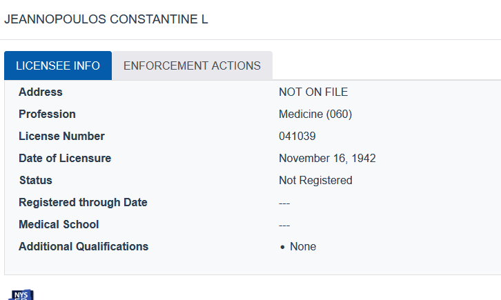 Constantine Jeannopoulos — NY State Medical License No. 041039 preview