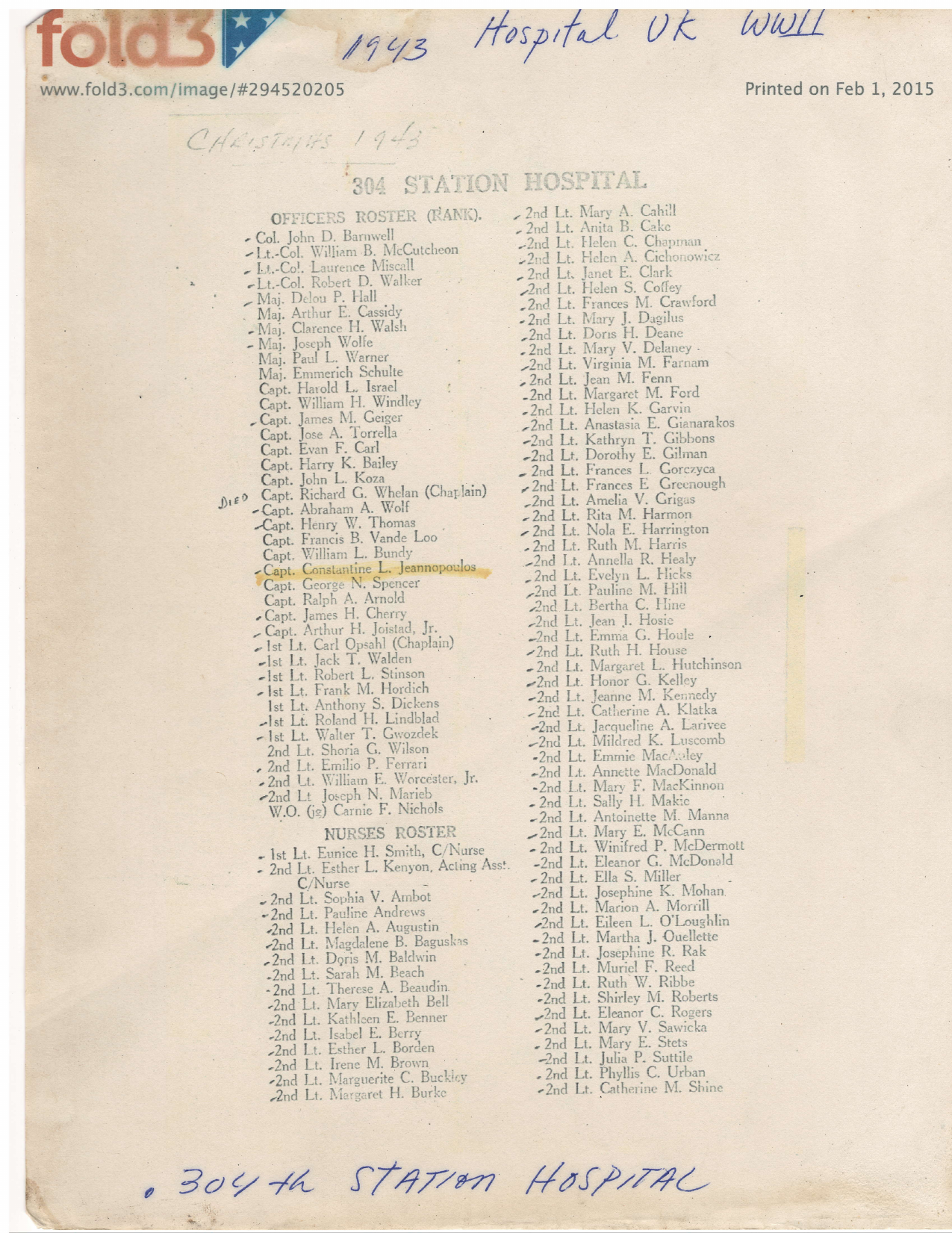 304th Station Hospital Officers + Nurses Roster — Christmas 1943, United Kingdom preview