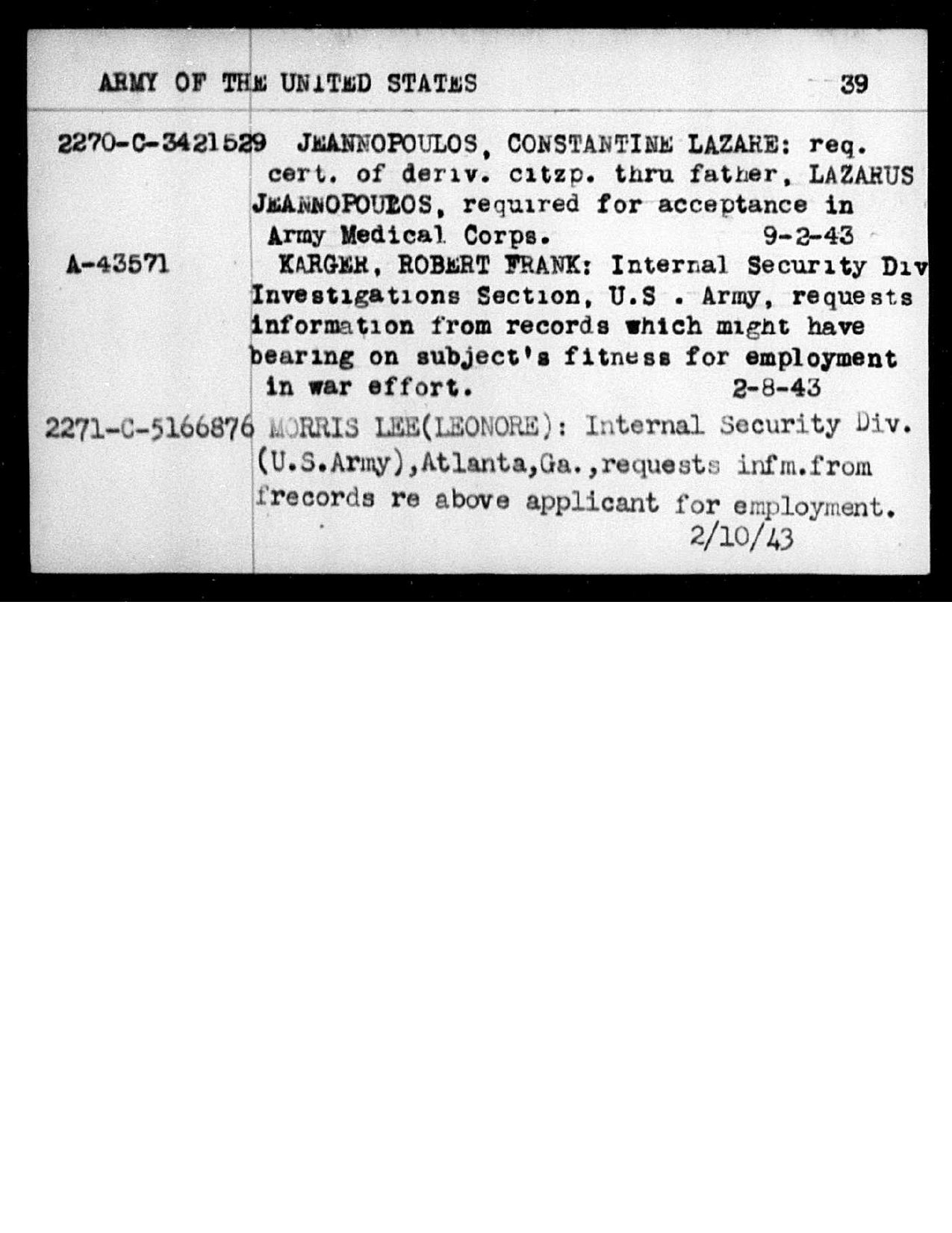 Constantine Jeannopoulos — Army Medical Corps Acceptance Card (INS) preview
