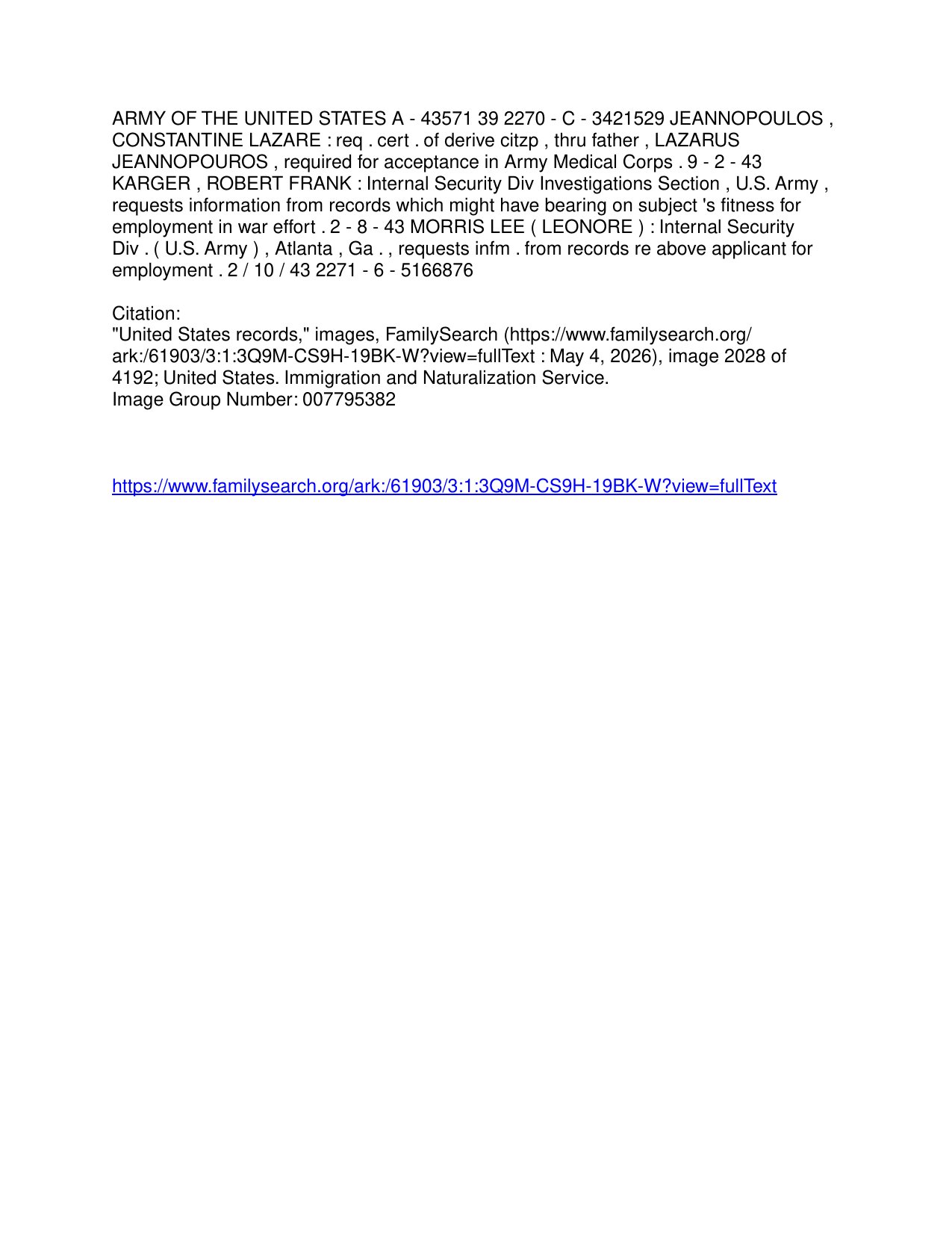 Constantine Jeannopoulos — Army Medical Corps Acceptance Card (INS) — page 2 of 2