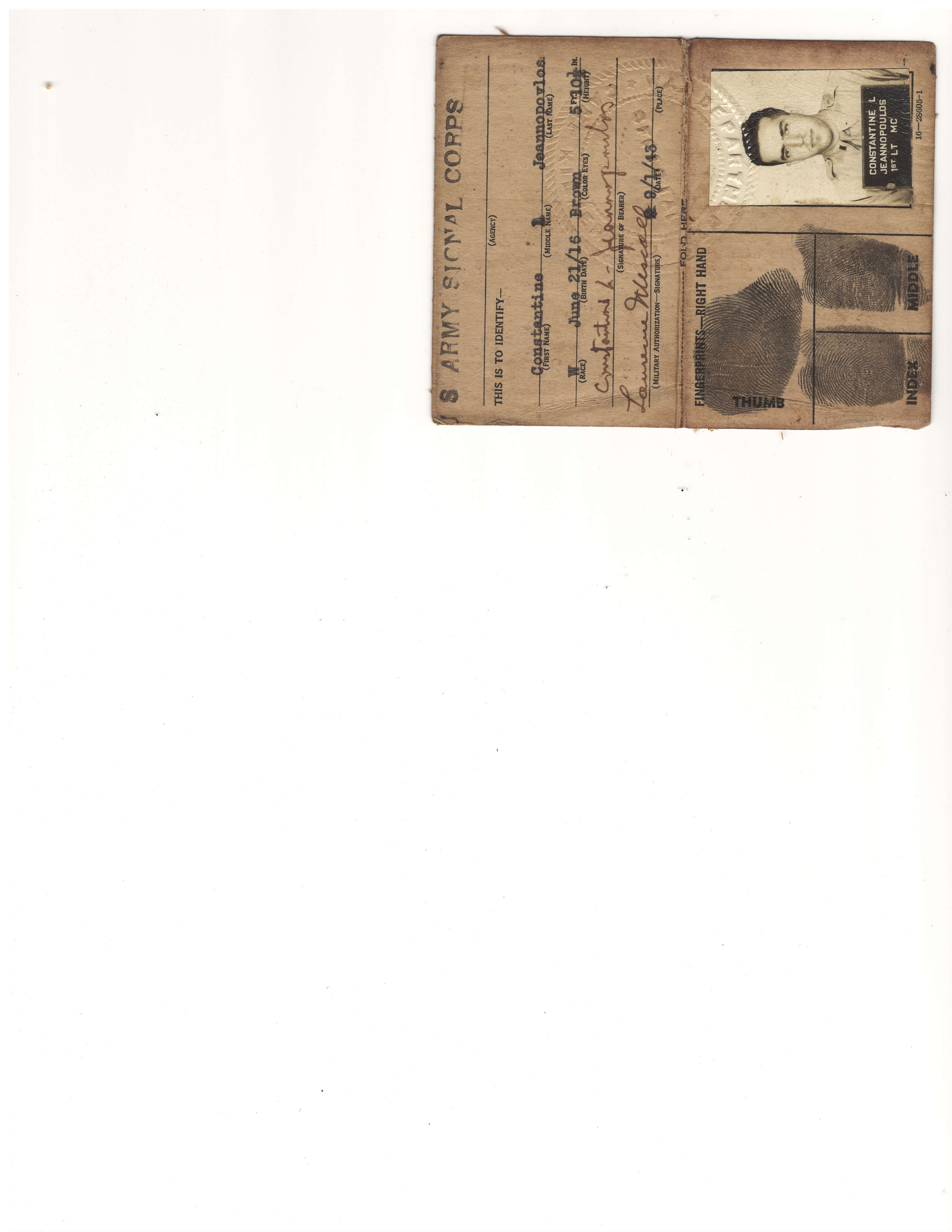Constantine's US Army Signal Corps ID card — 1st Lt, Medical Corps (1943) preview