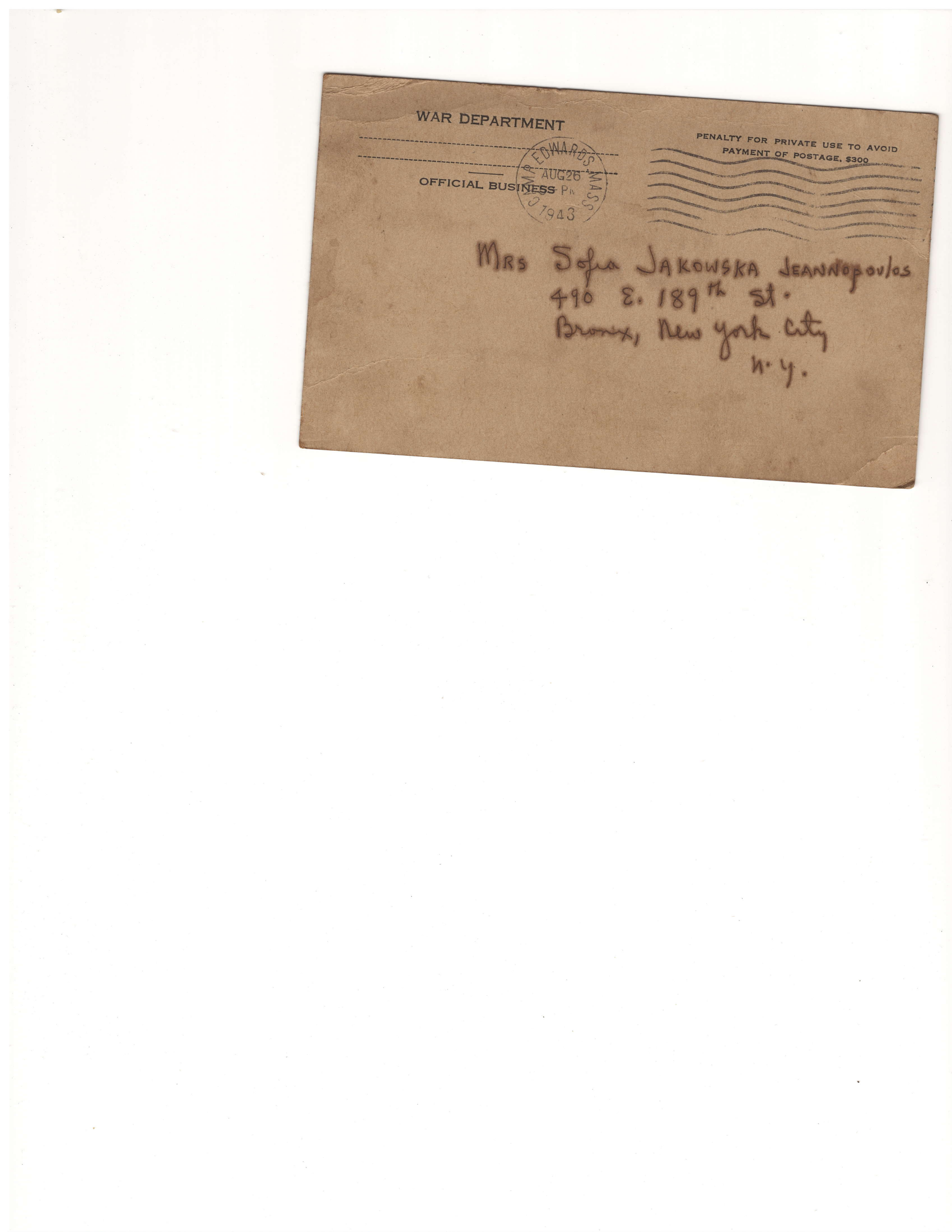 War Department envelope to Mrs. Sofia Jakowska Jeannopoulos at 490 E. 189th St., Bronx (1943) preview