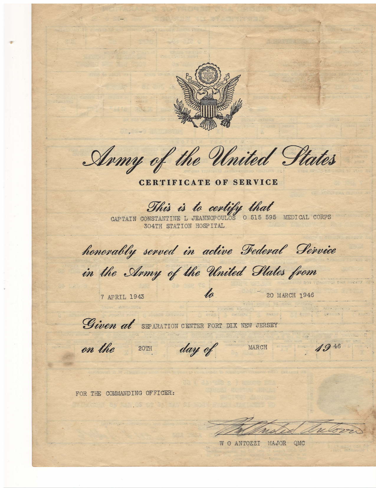 Army Certificate of Service — Honorable Discharge, Fort Dix NJ (March 20, 1946) preview
