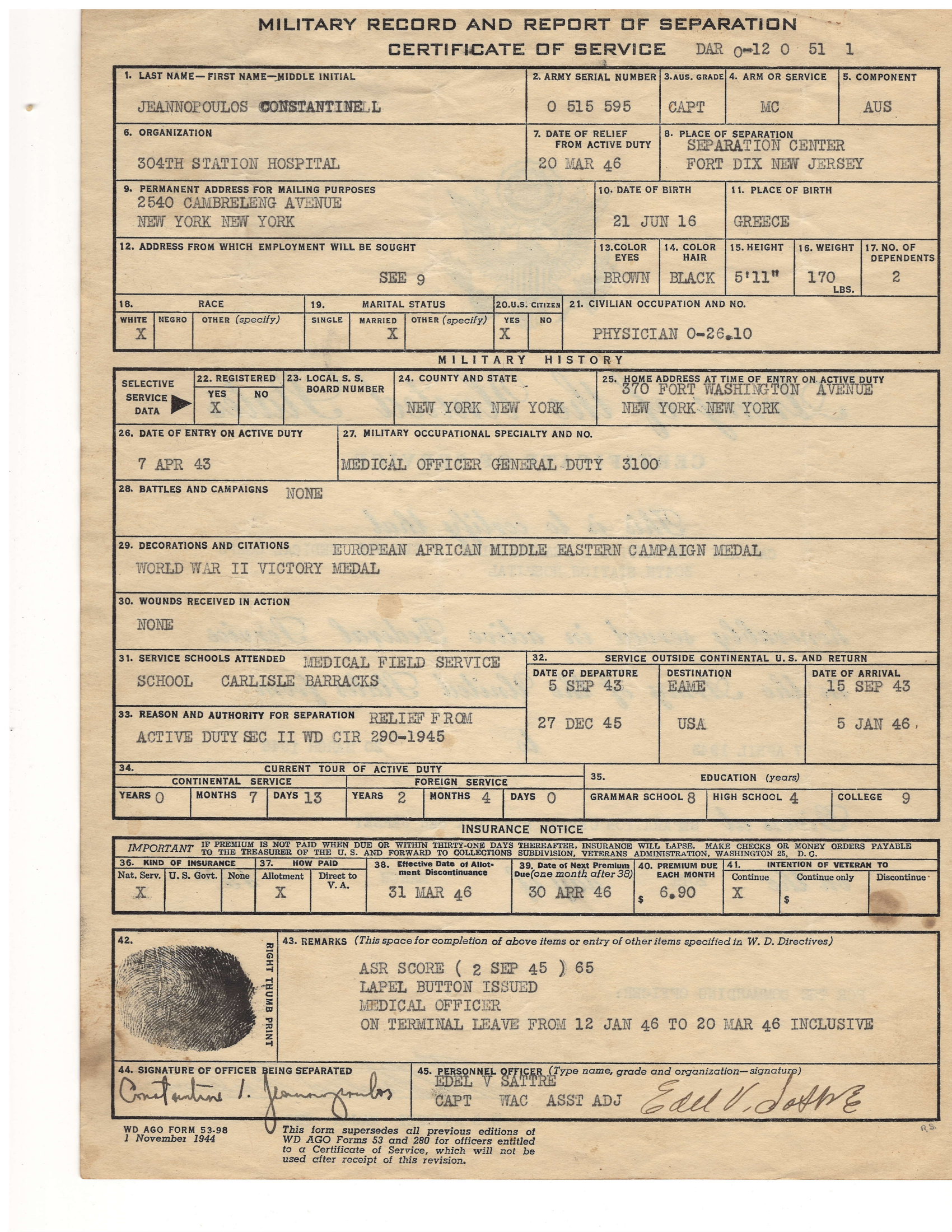 Constantine's WWII Military Record and Report of Separation (Fort Dix, March 20, 1946) preview