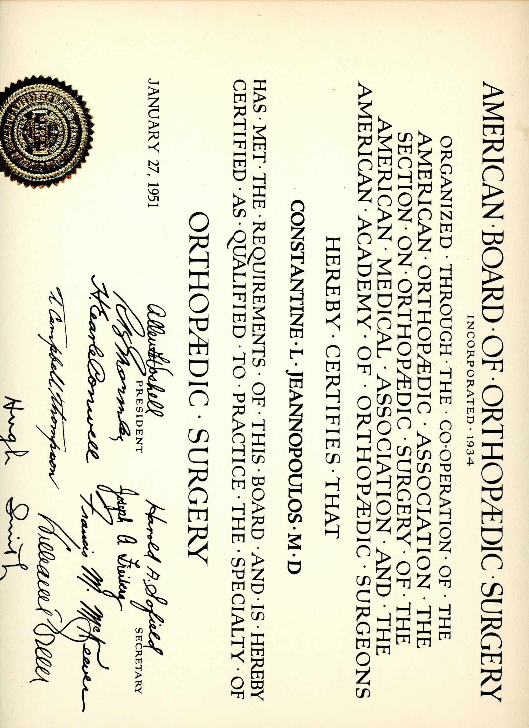American Board of Orthopaedic Surgery — Constantine's board certification (January 27, 1951) preview