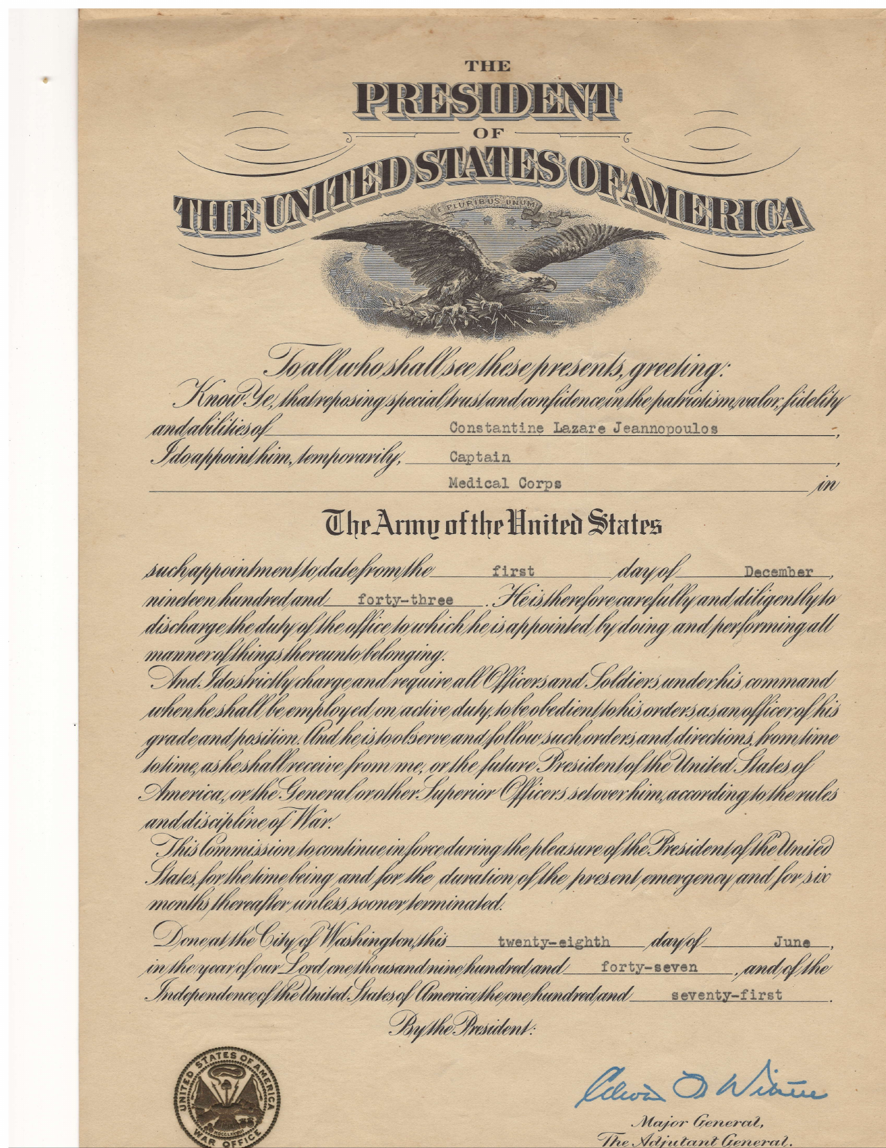 Constantine's Presidential Commission as Captain, Medical Corps — signed Truman administration (effective Dec 1 1943, issued June 28 1947) preview