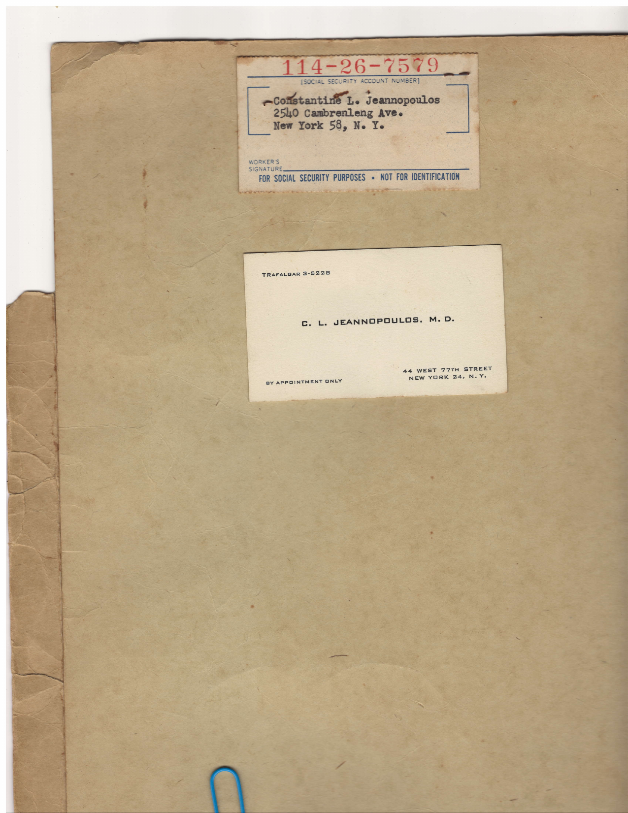 Constantine's Social Security card + business card — 44 West 77th Street UWS practice (c. 1949-50) preview