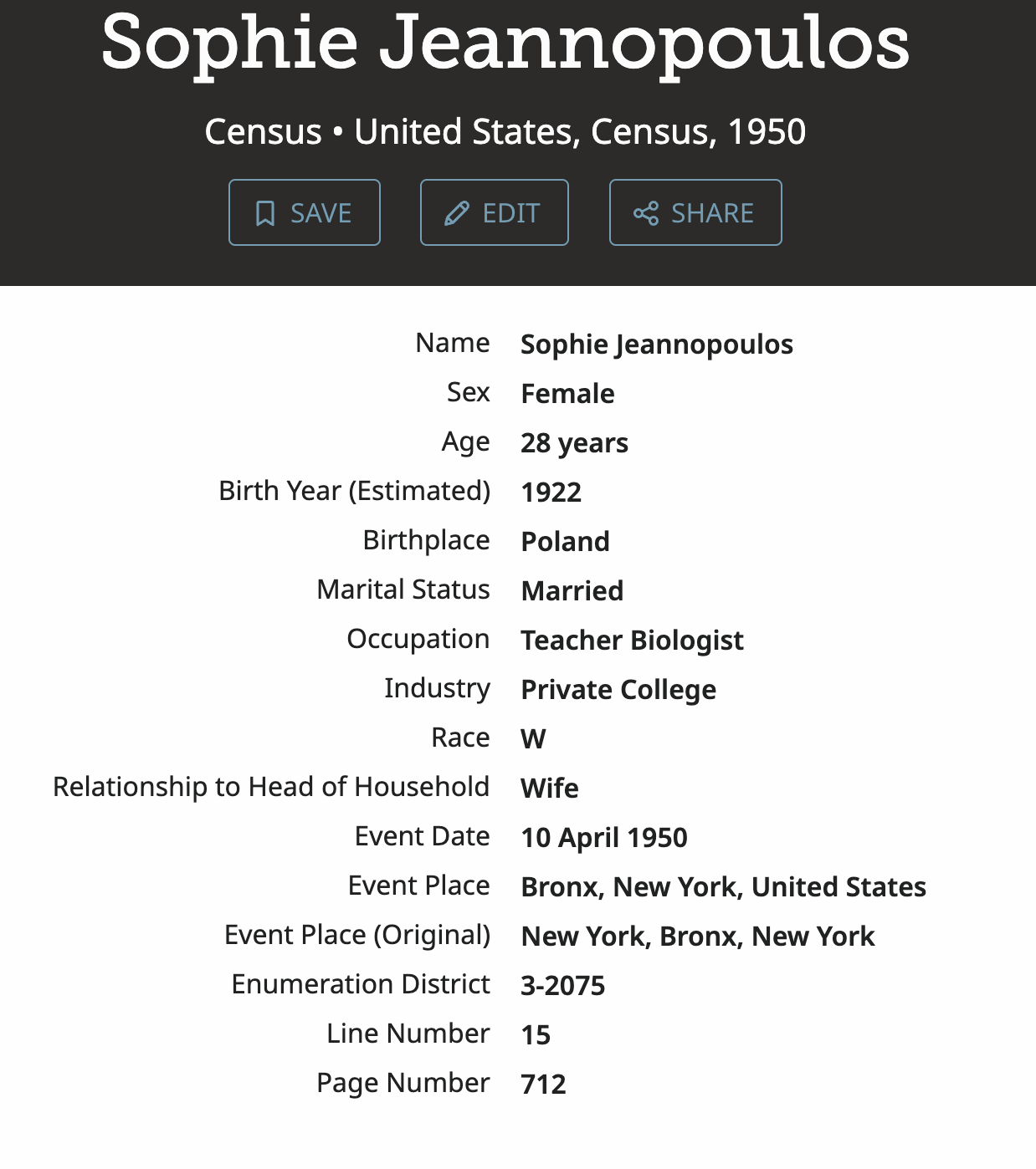 Sophie Jeannopoulos — 1950 Census (FamilySearch Summary) preview