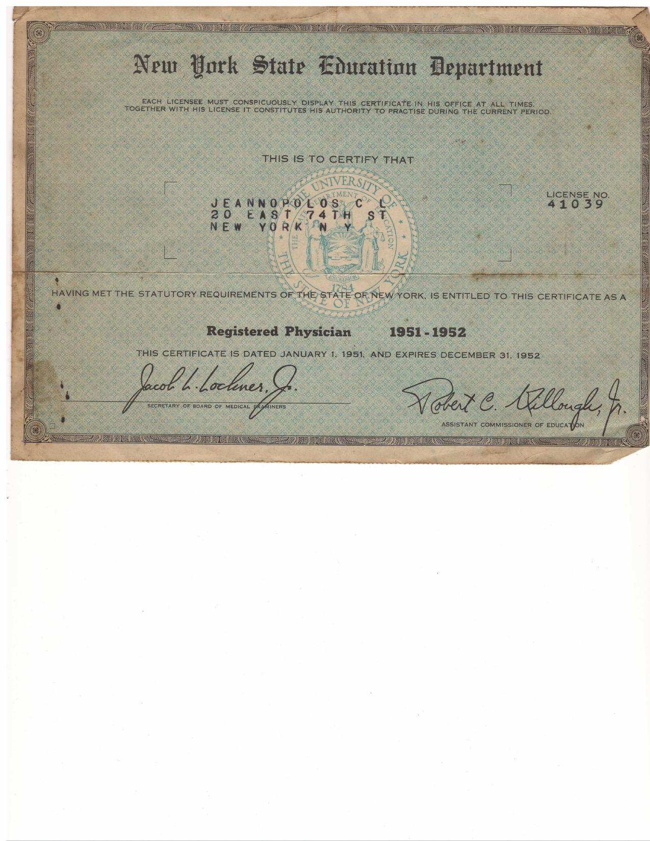 New York State Registered Physician certificate — 20 East 74th Street, Upper East Side practice (1951-1952) preview