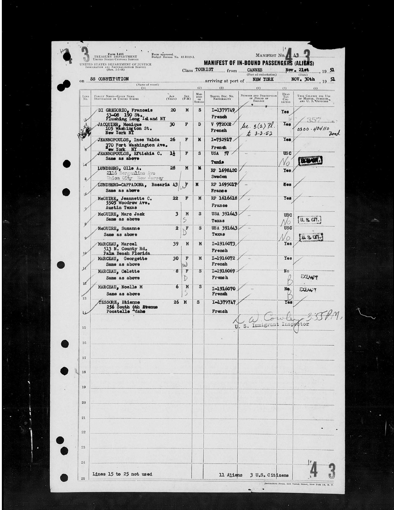 Ines Valda & Eftichia Jeannopoulos — SS Constitution Arrival Manifest preview