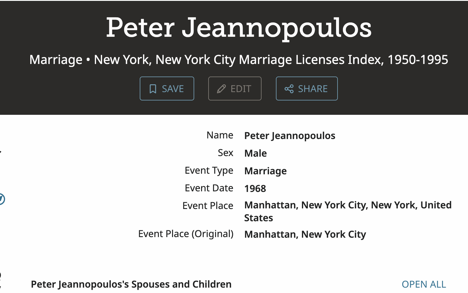 Peter Jeannopoulos & Mireille Lebrun — NYC Marriage Record preview