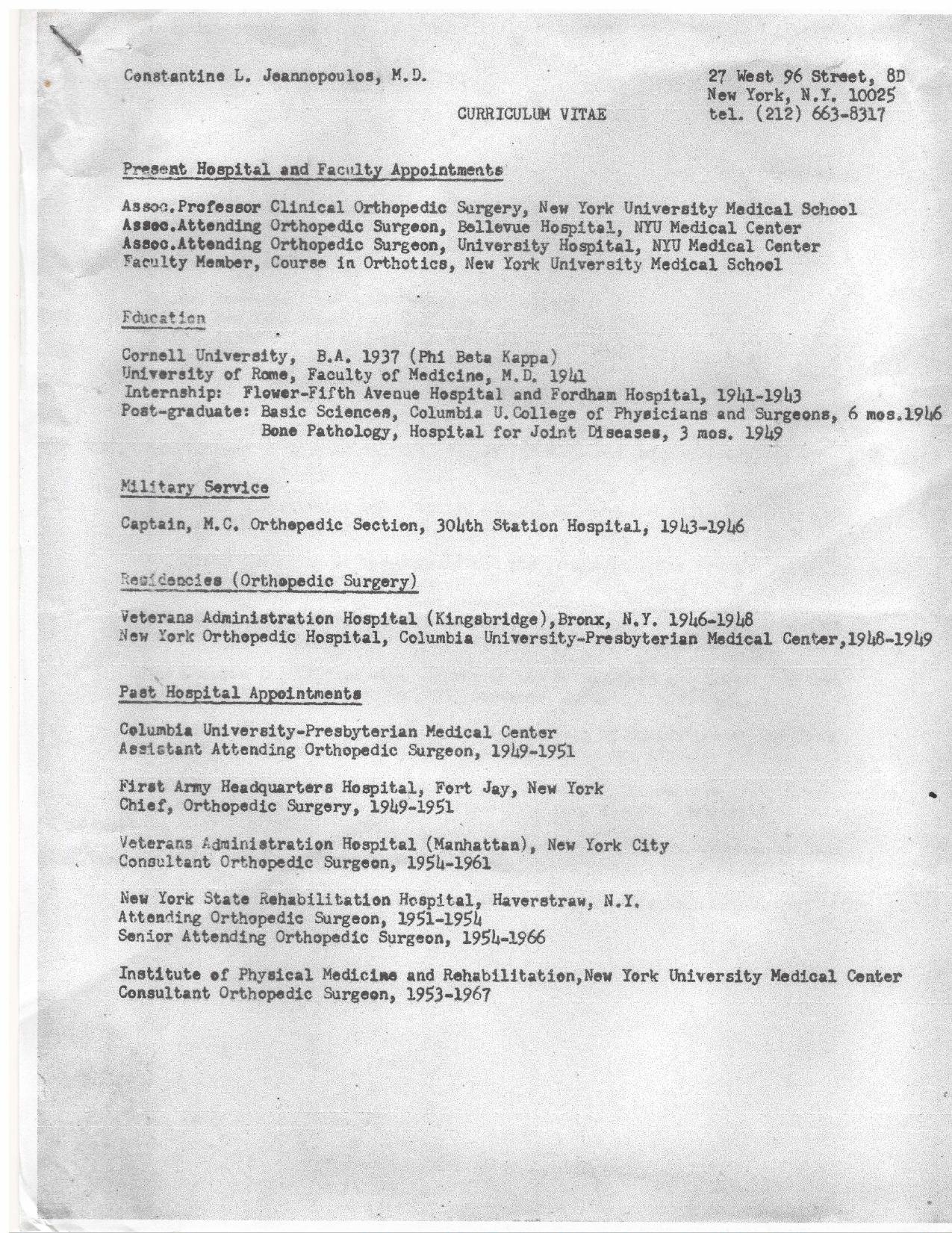 Constantine's curriculum vitae — Cornell BA Phi Beta Kappa, Rome MD, NYU faculty, nine publications (c. 1970s) preview