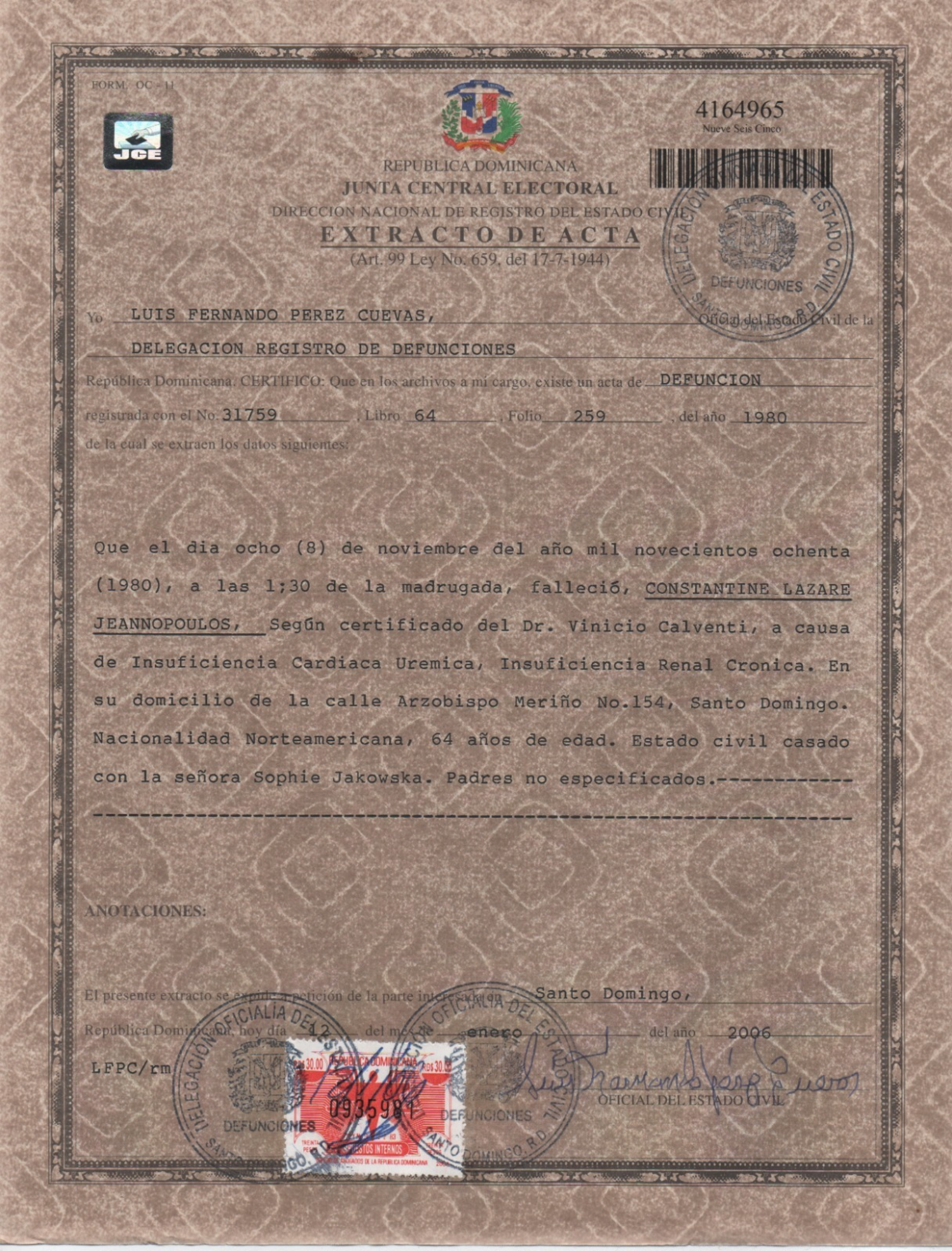 Constantine's death certificate — Junta Central Electoral, Dominican Republic (November 8, 1980) preview