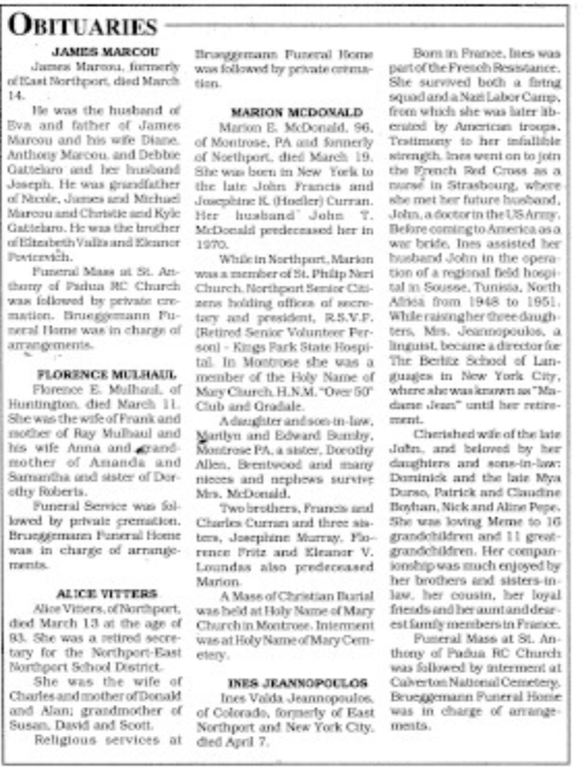 Ines Valda Jeannopoulos — Obituary (full newspaper page) preview
