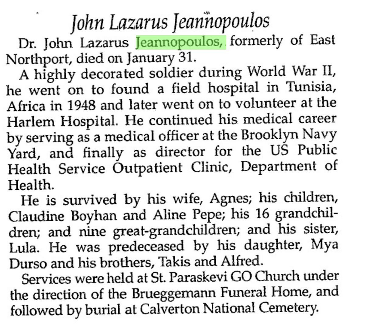 John Lazare Jeannopoulos — Obituary preview