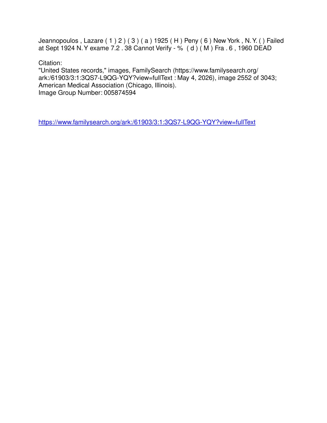 Lazaros Jeannopoulos — AMA Deceased Physician Card — page 2 of 2