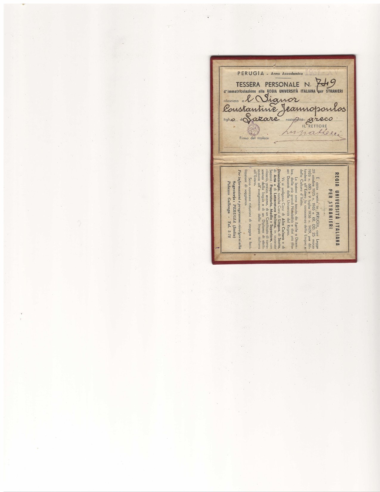 Constantine Jeannopoulos — Università di Perugia Foreigners' Enrollment Card preview