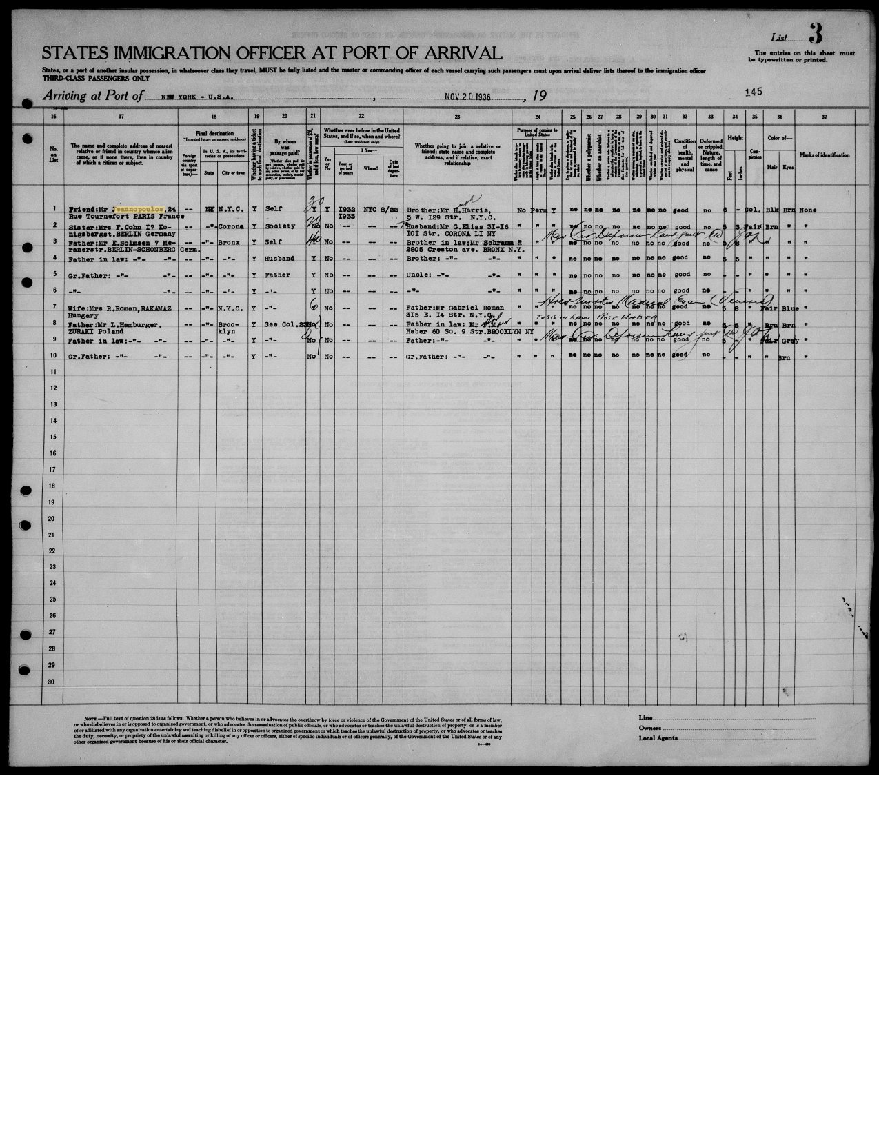 Research clue — 1936 NY arrival, friend "J. Jeannopoulos" of 24 rue Tournefort, Paris preview